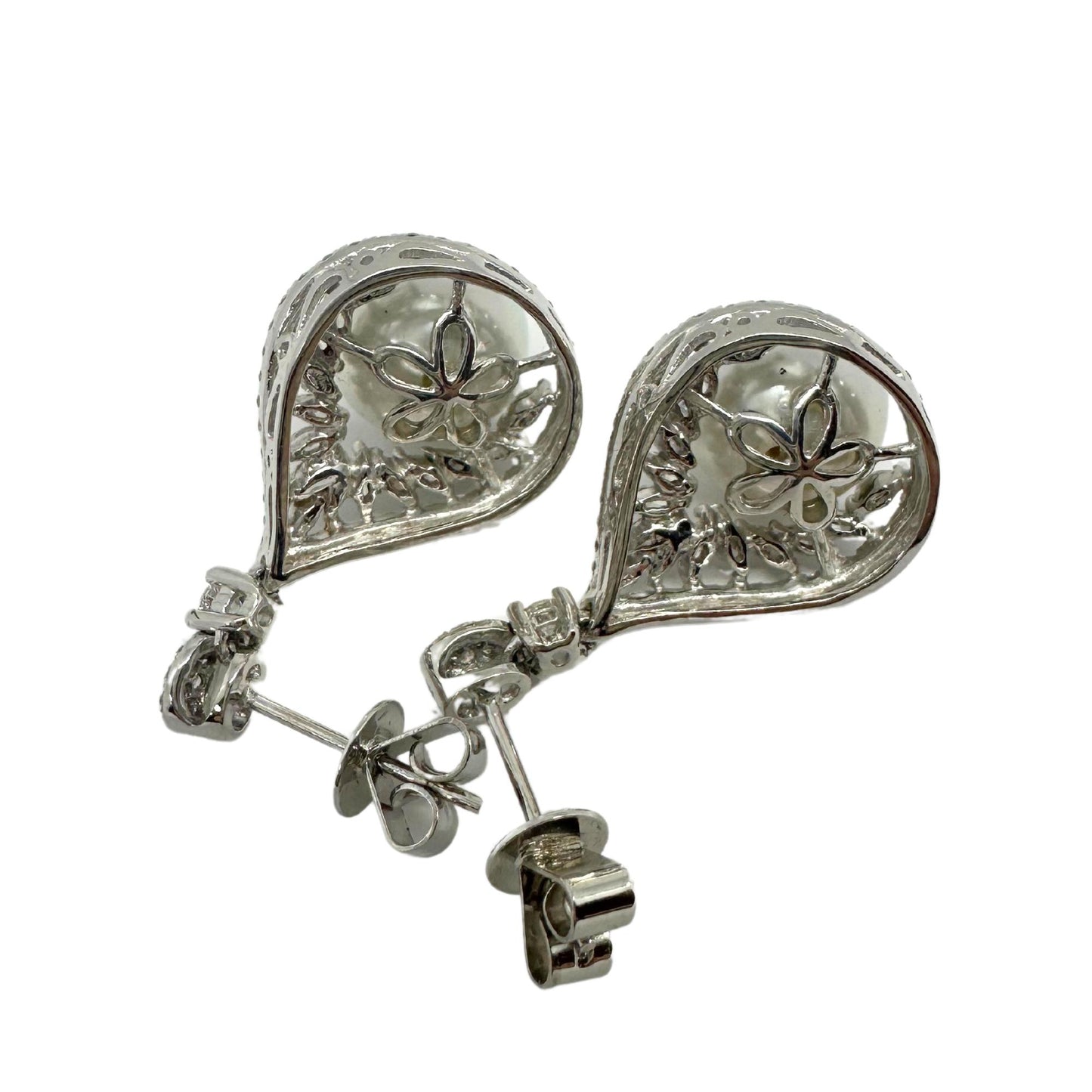 18K White Gold 1.60 Carat Marquise and Round Cut Diamond and Pearl Earrings