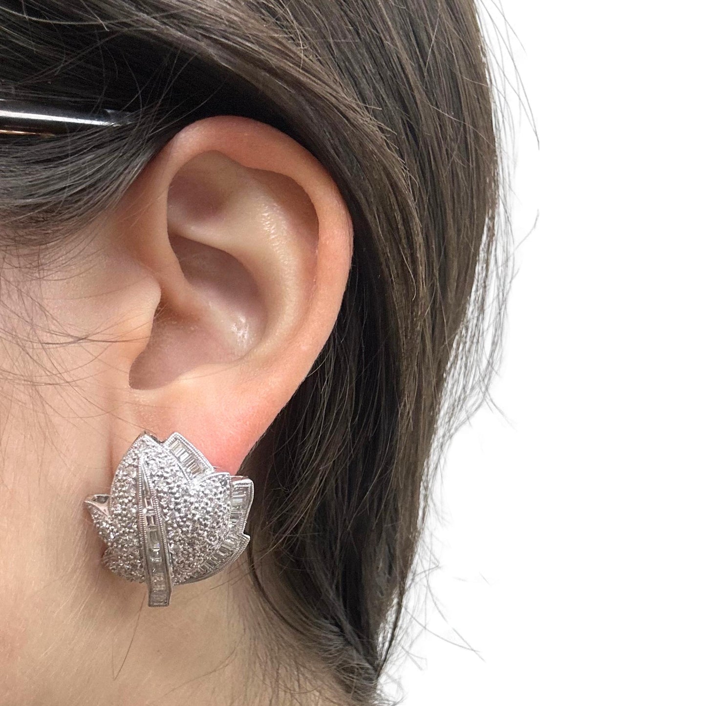 Platinum Baguette Cut Diamond Leaf Earrings