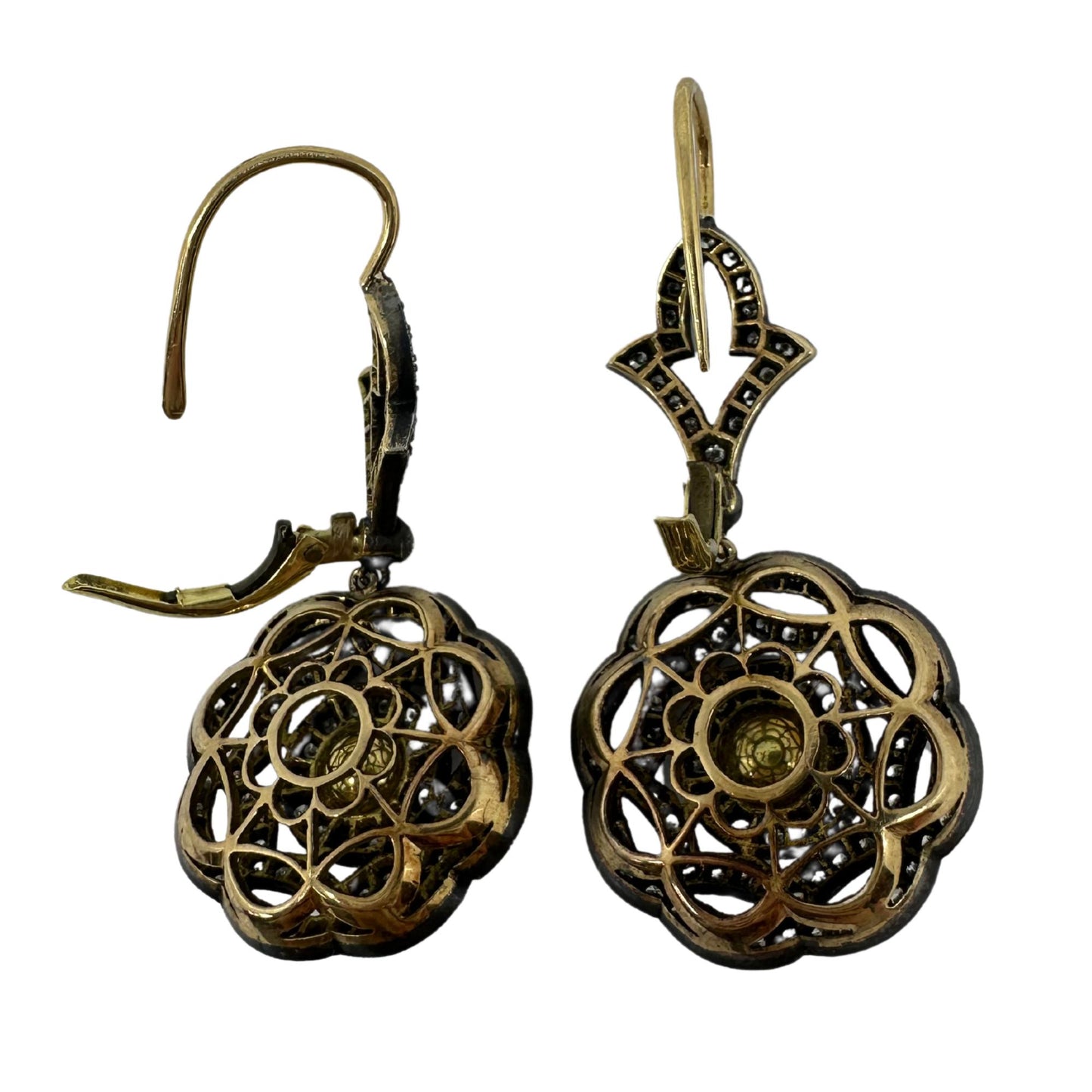 18K Yellow Gold and Silver Top Rose Cut Diamond Drop Earrings
