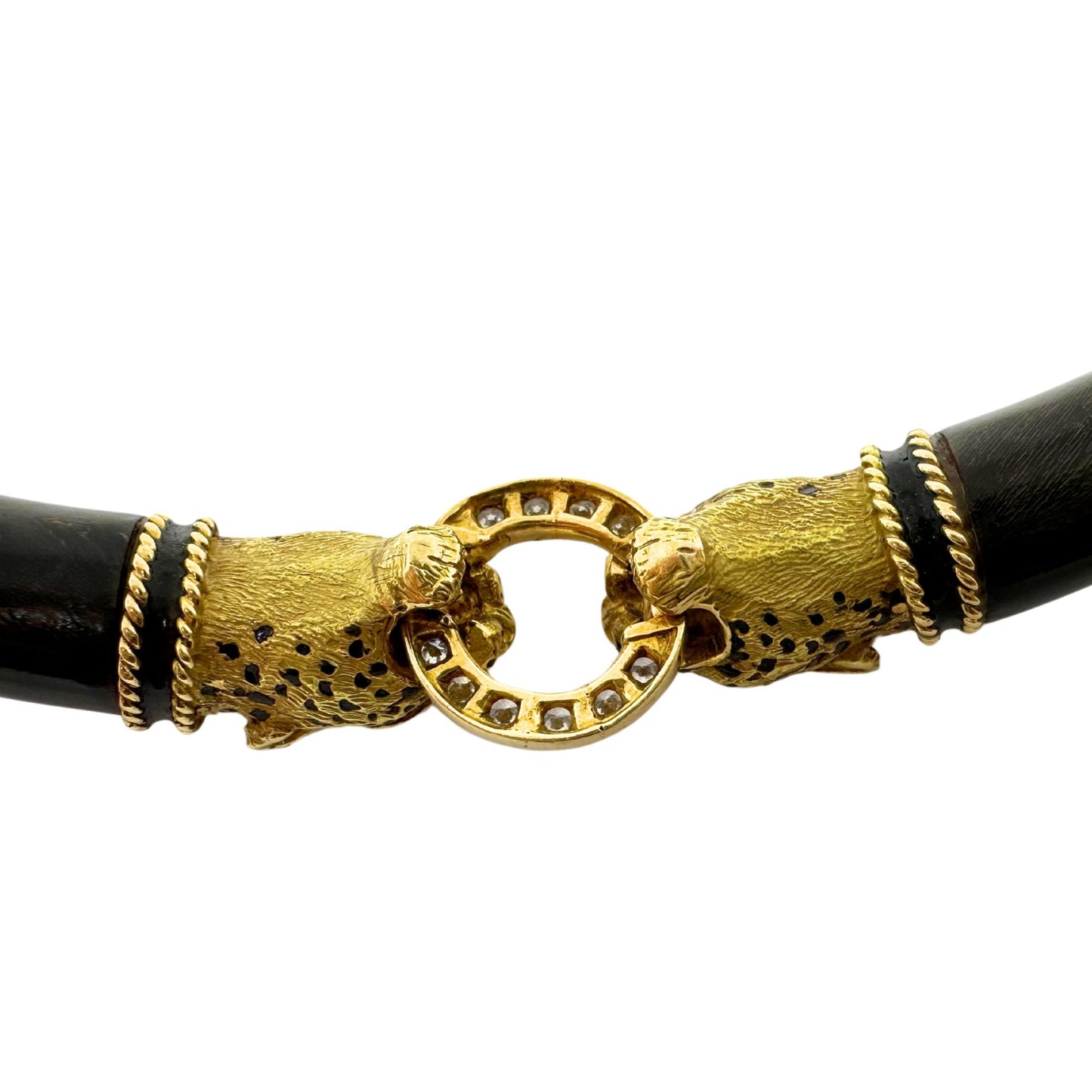 1960's French 18K Yellow Gold, Wood, Enamel, Ruby and Diamond Leopard Necklace