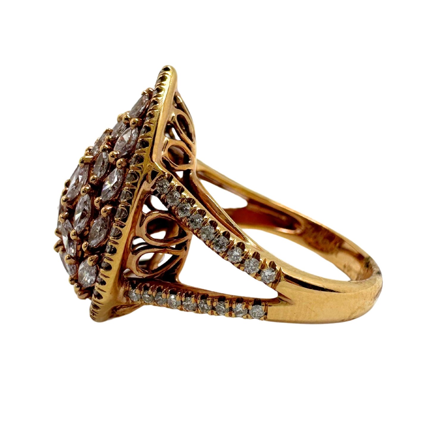 18K Rose Gold Marquise Cut Pink and White Diamond Tear Drop Dome Ring