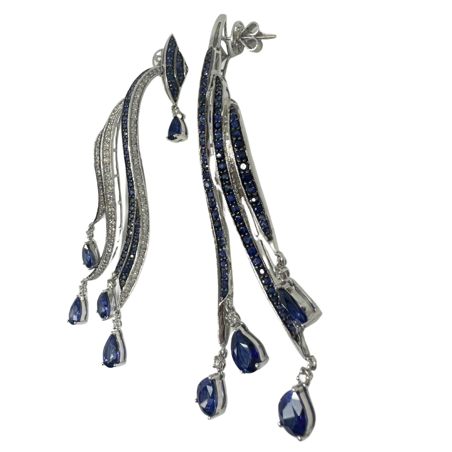 18K White Gold Diamond and Pear Cut Sapphire Flowing Casade Earrings