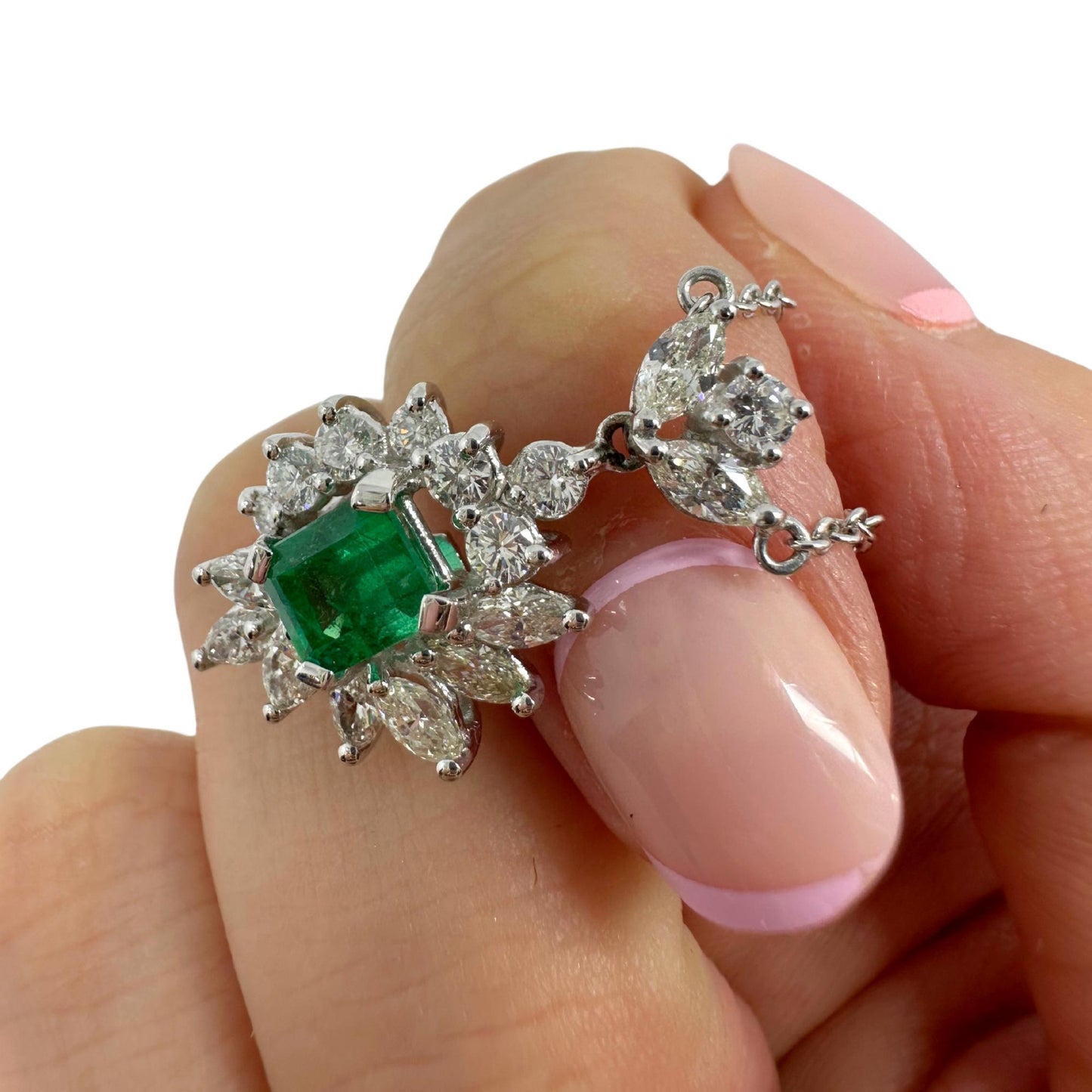 18K White Gold Diamond and Marquise Cut Emerald Pendant Necklace