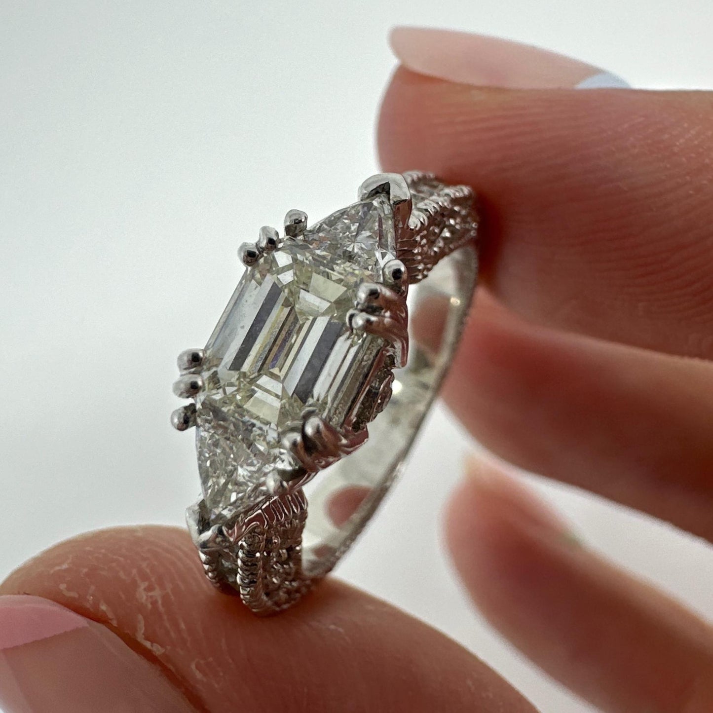 18K White Gold Trillion and Emerald Cut Diamond Ring