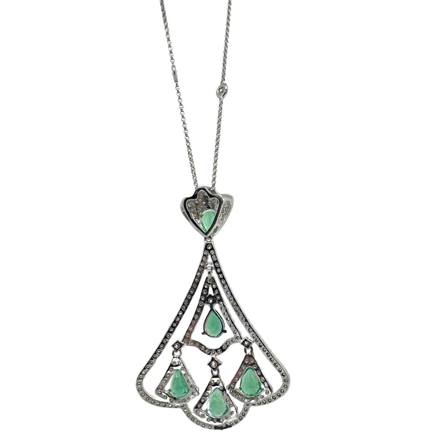 18K White Gold Diamond and Pear Cut Emerald Pendant Necklace