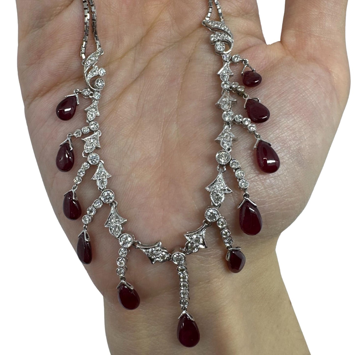 18K White Gold Diamond and Cabochon Ruby Necklace