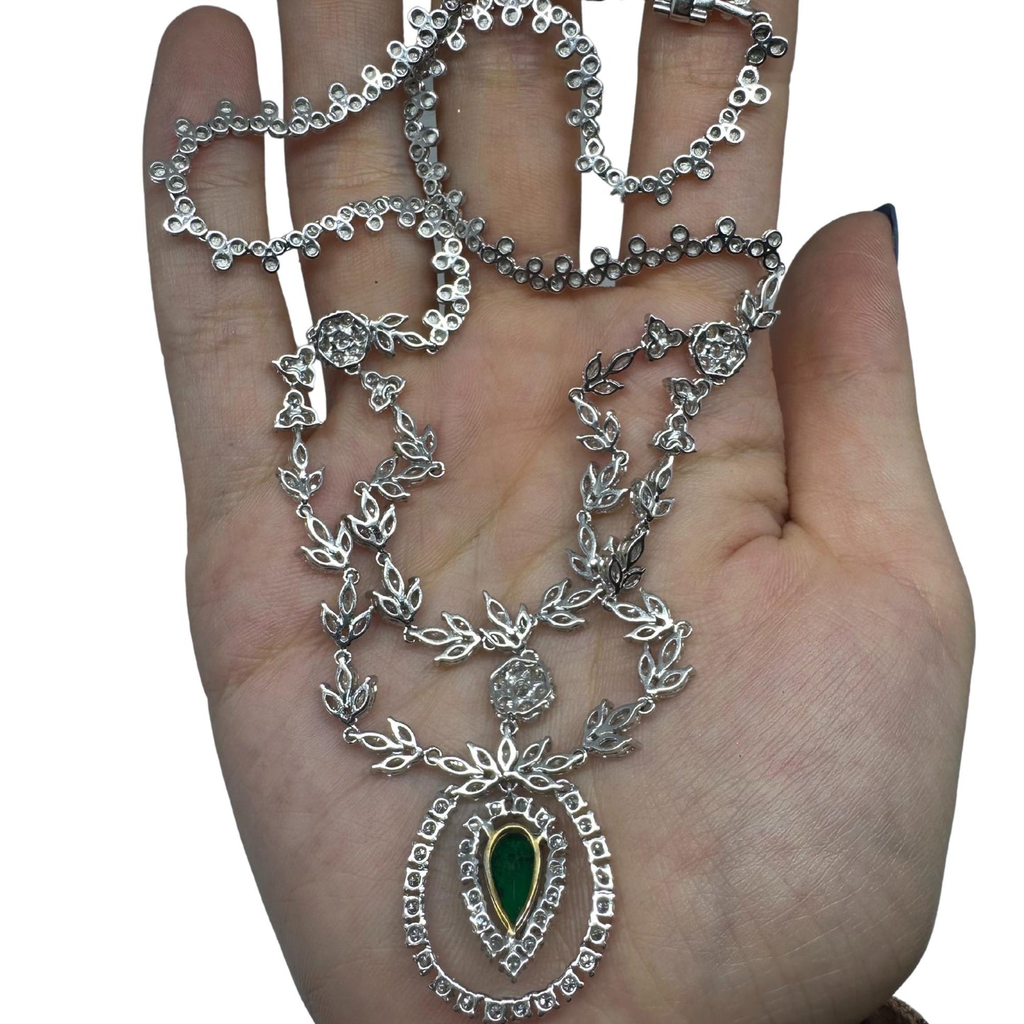 18K White Gold Marquise Cut Diamond and Pear Cut Emerald Necklace