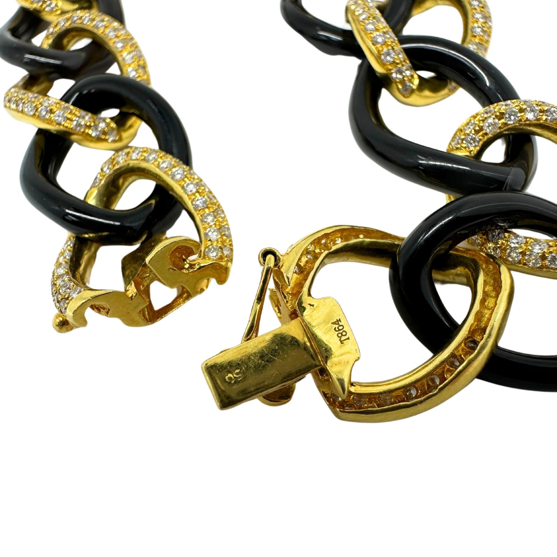 18K Yellow Gold Diamond and Onyx Link Bracelet