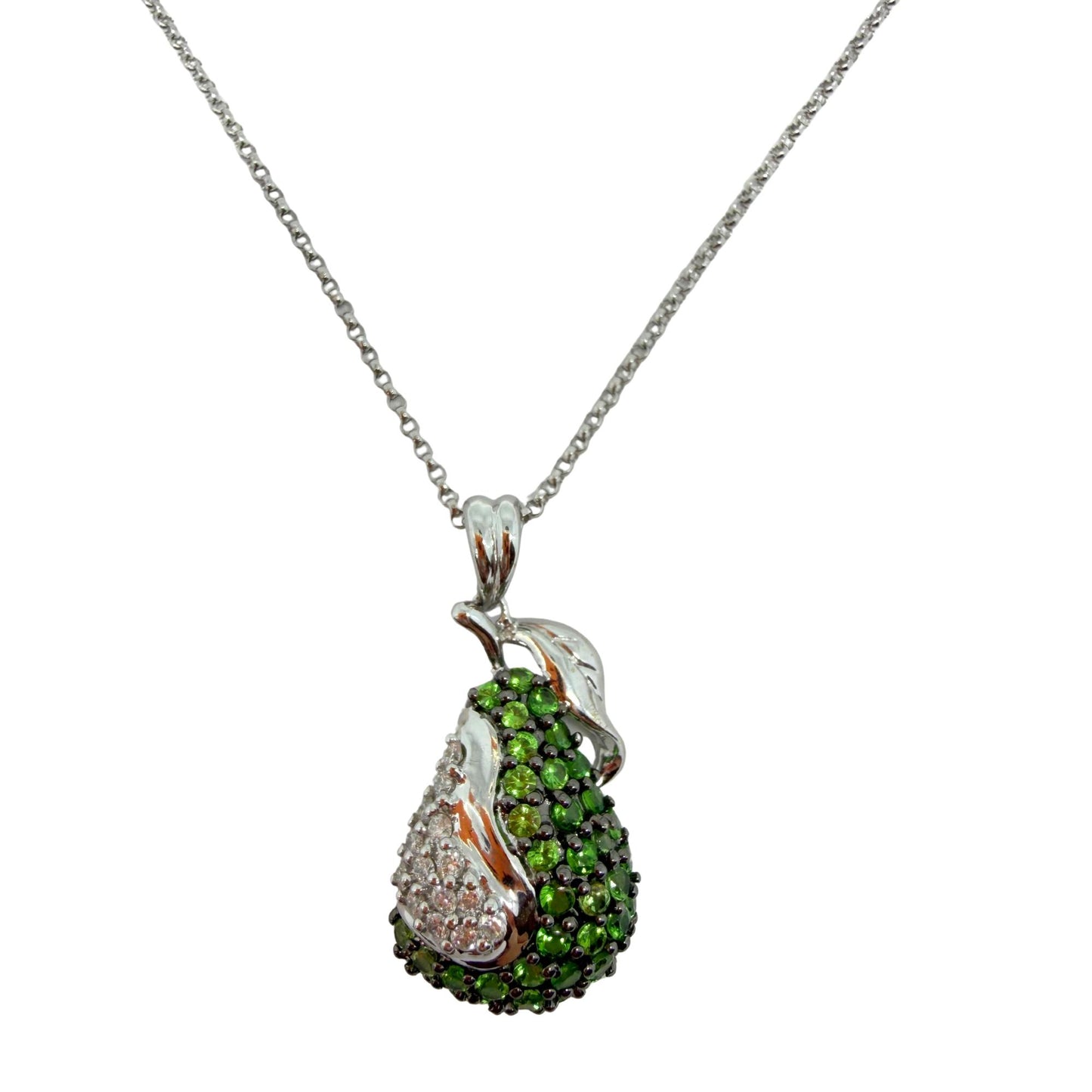 18K White Gold Diamond and Green Garnet Apple Pendant Necklace