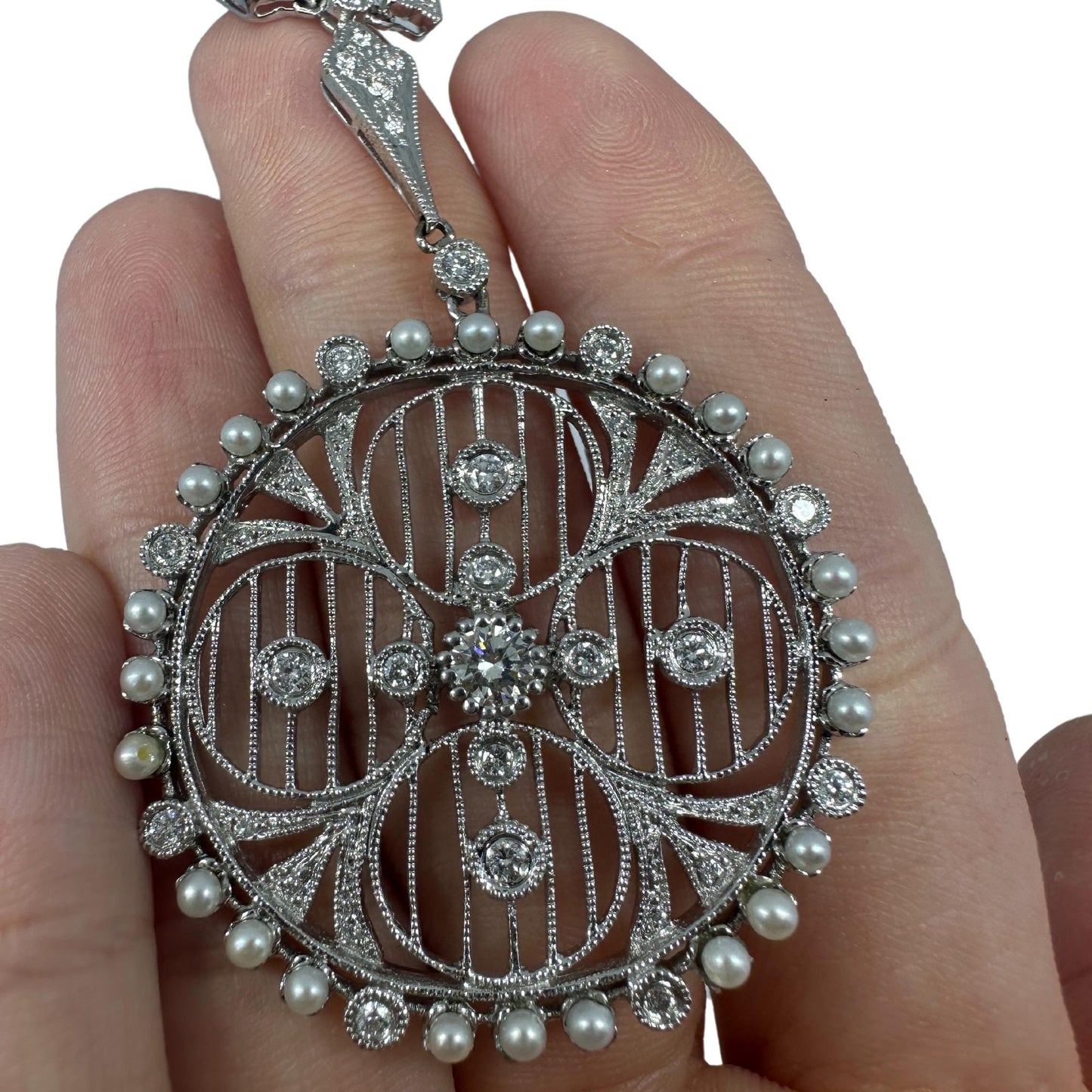 Edwardian-Inspired 18k White Gold Diamond and Pearl Filigree Pendant Necklace