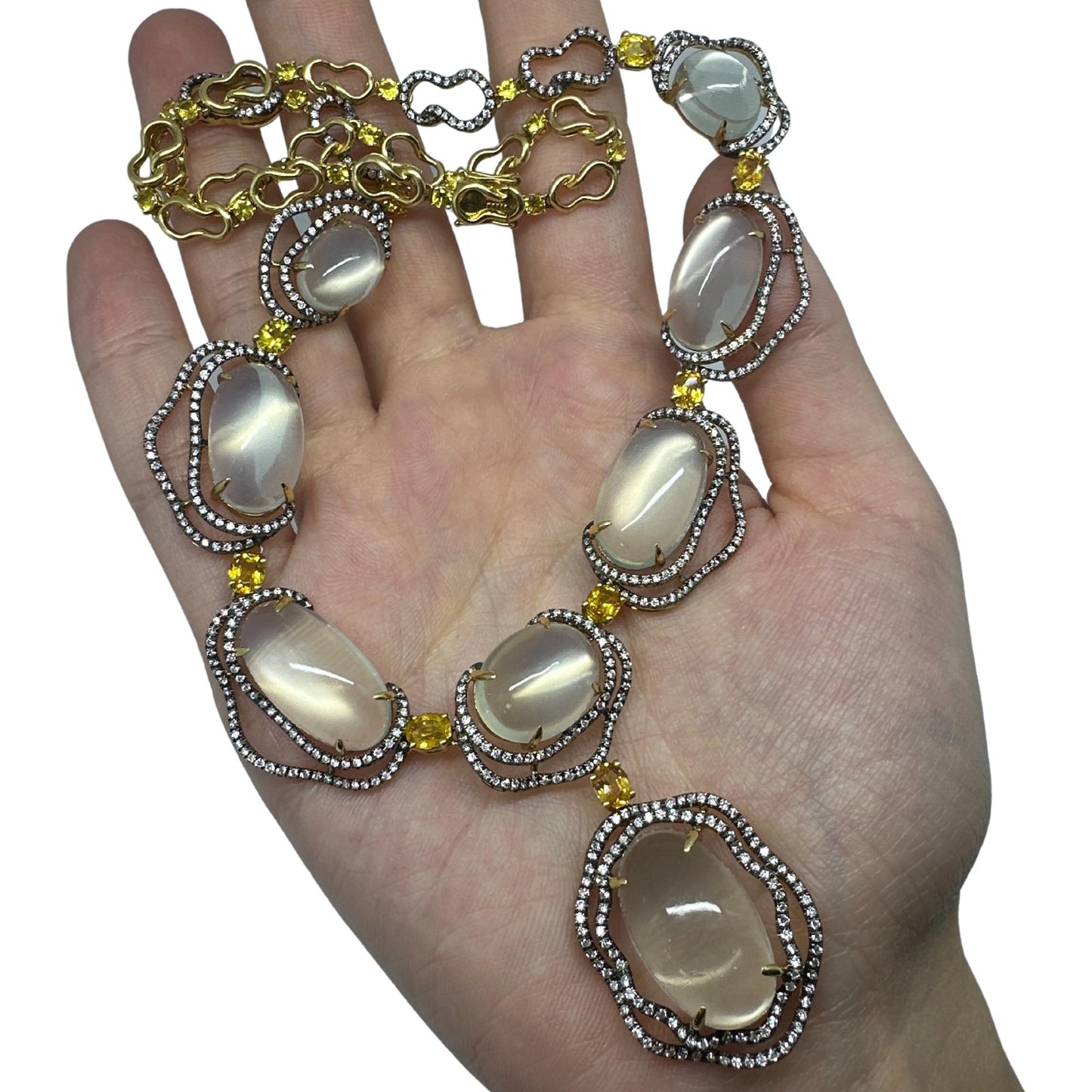 18K Yellow Gold Diamond, Yellow Sapphire and Moonstone Necklace