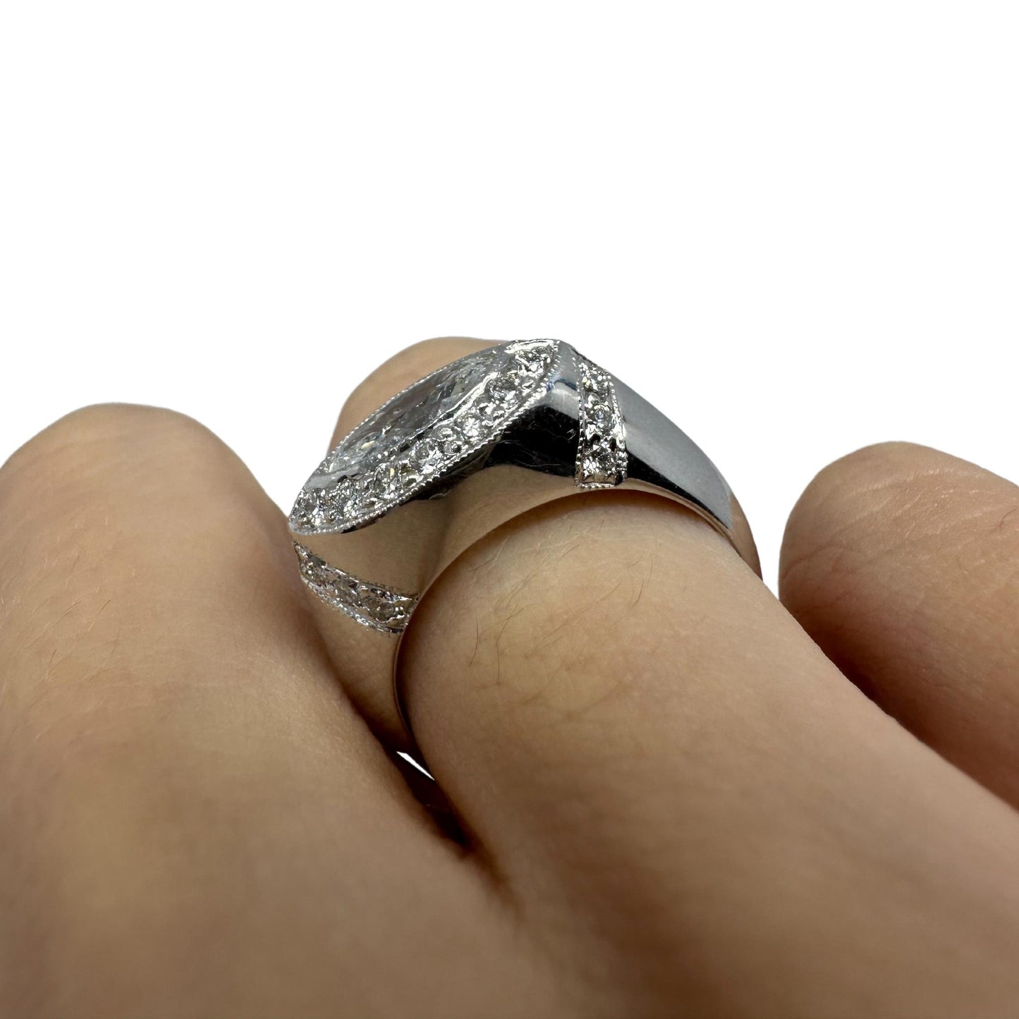 18k East-West Marquise Shaped Diamond Center Ring with Diamond Halo Ring