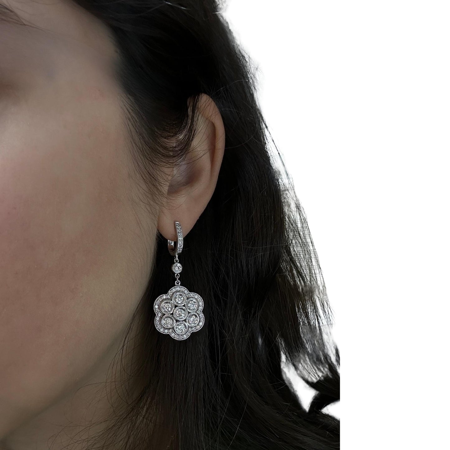 14K White Gold Diamond Flower Earrings