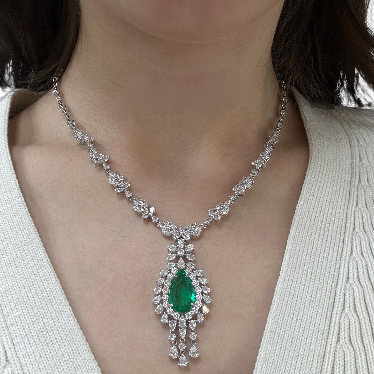 18K White Gold Marquise and Pearl Cut Diamond and Pear Cut Emerald Drop Necklace