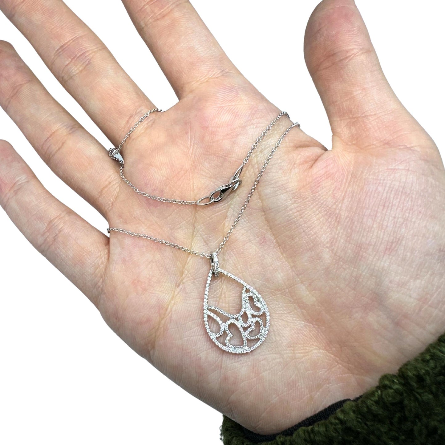 18K White Gold Diamond Pearl Tear Drop Heart Pendant Necklace