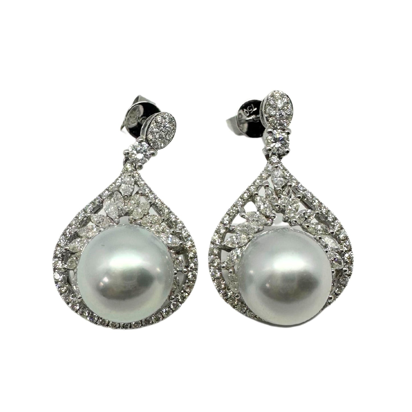 18K White Gold Marquise Cut Diamond and Pearl Earrings