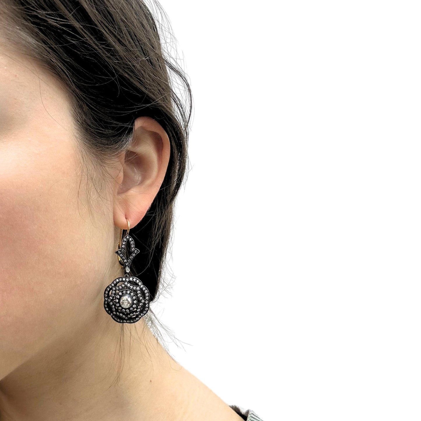 18K Yellow Gold and Silver Top Rose Cut Diamond Drop Earrings