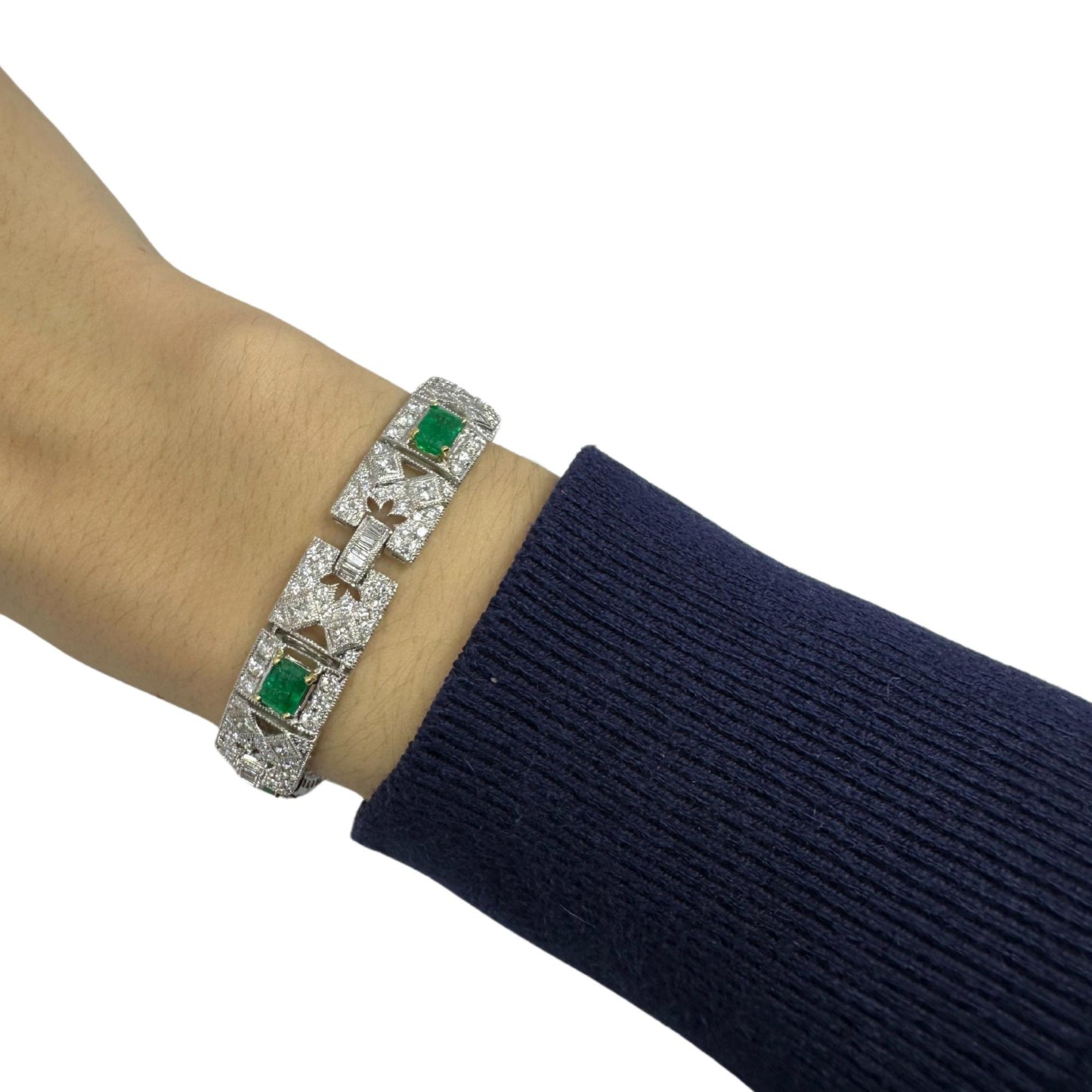 18K White Gold Diamond and Emerald Bracelet