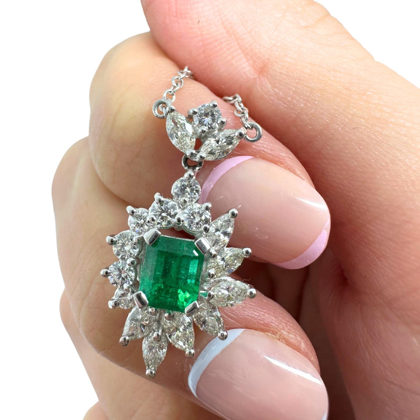18K White Gold Diamond and Marquise Cut Emerald Pendant Necklace