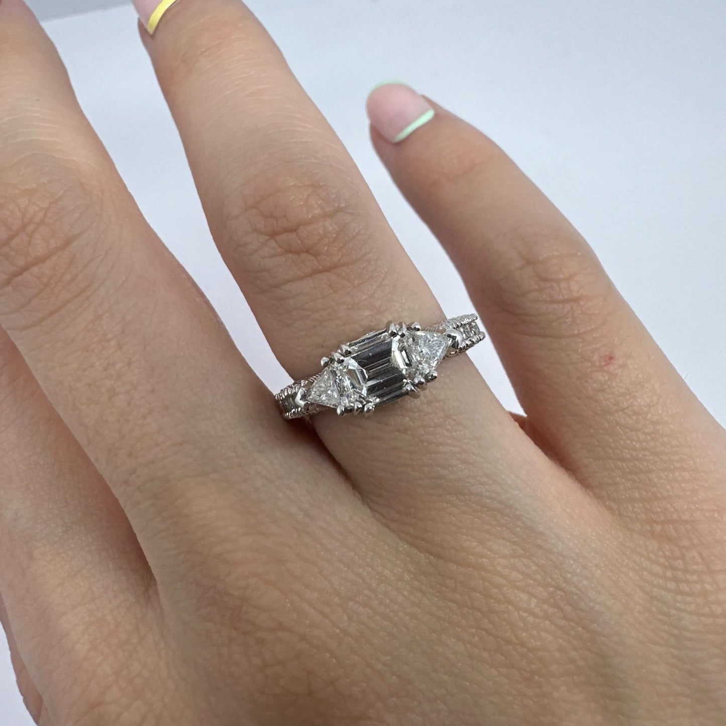 18K White Gold Trillion and Emerald Cut Diamond Ring