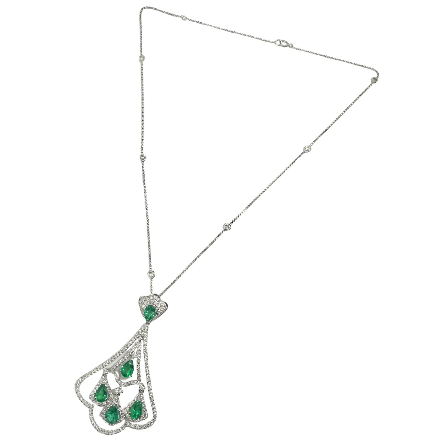 18K White Gold Diamond and Pear Cut Emerald Pendant Necklace