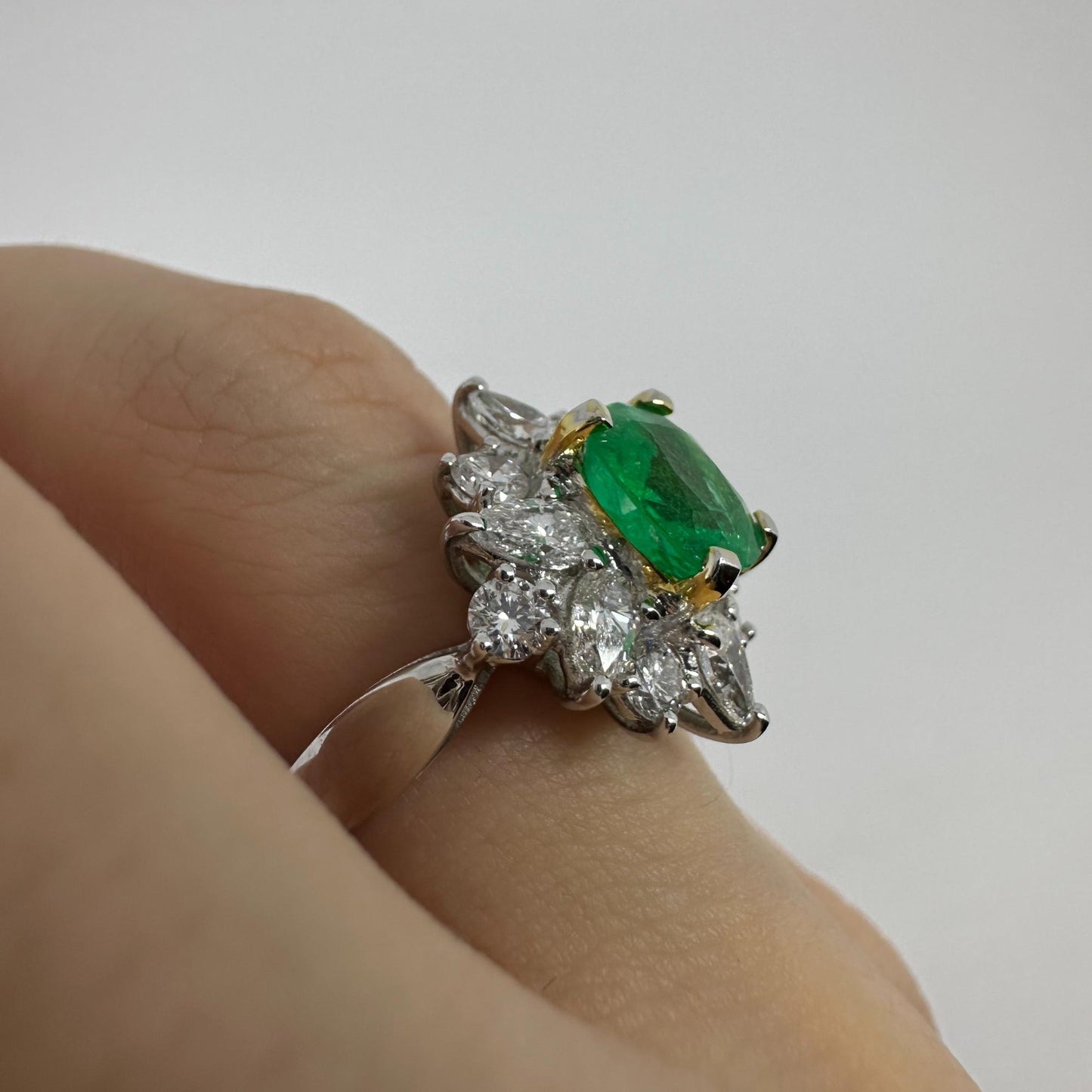 18K White Gold Pear Cut Diamond and Emerald Ring
