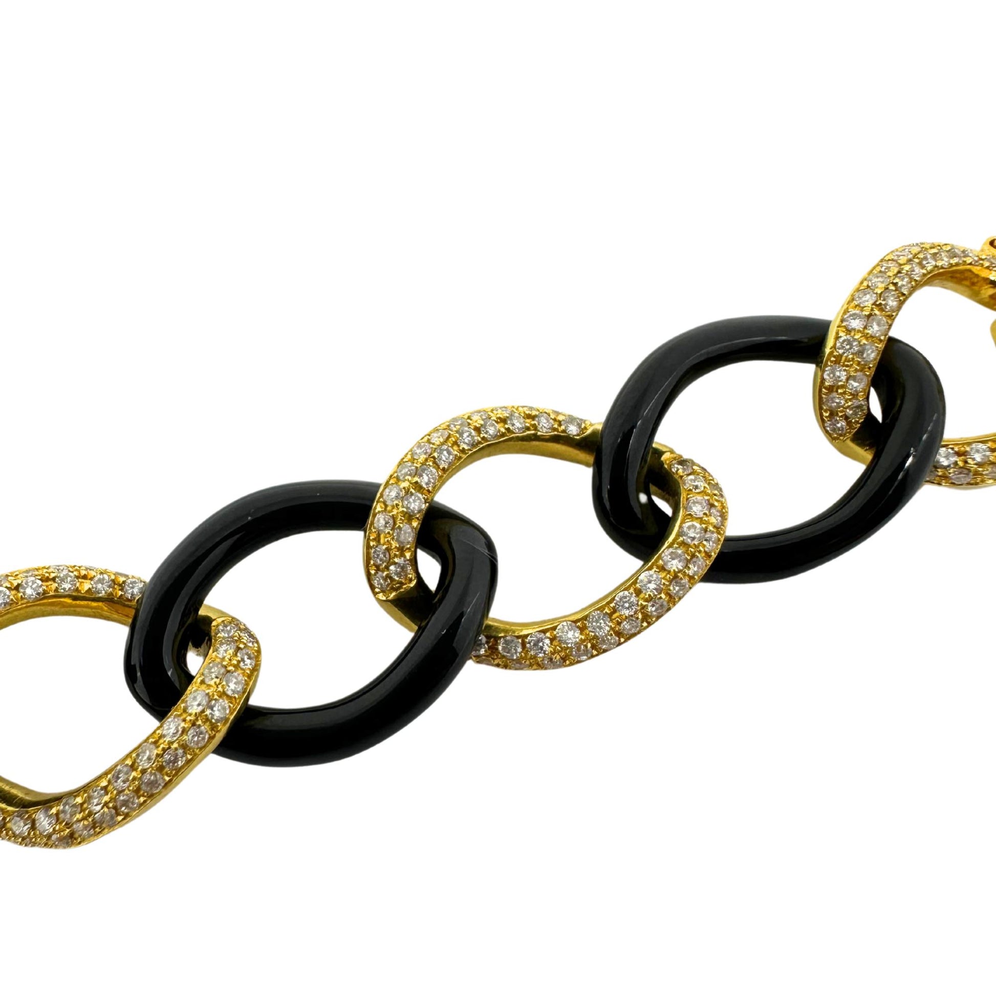 18K Yellow Gold Diamond and Onyx Link Bracelet