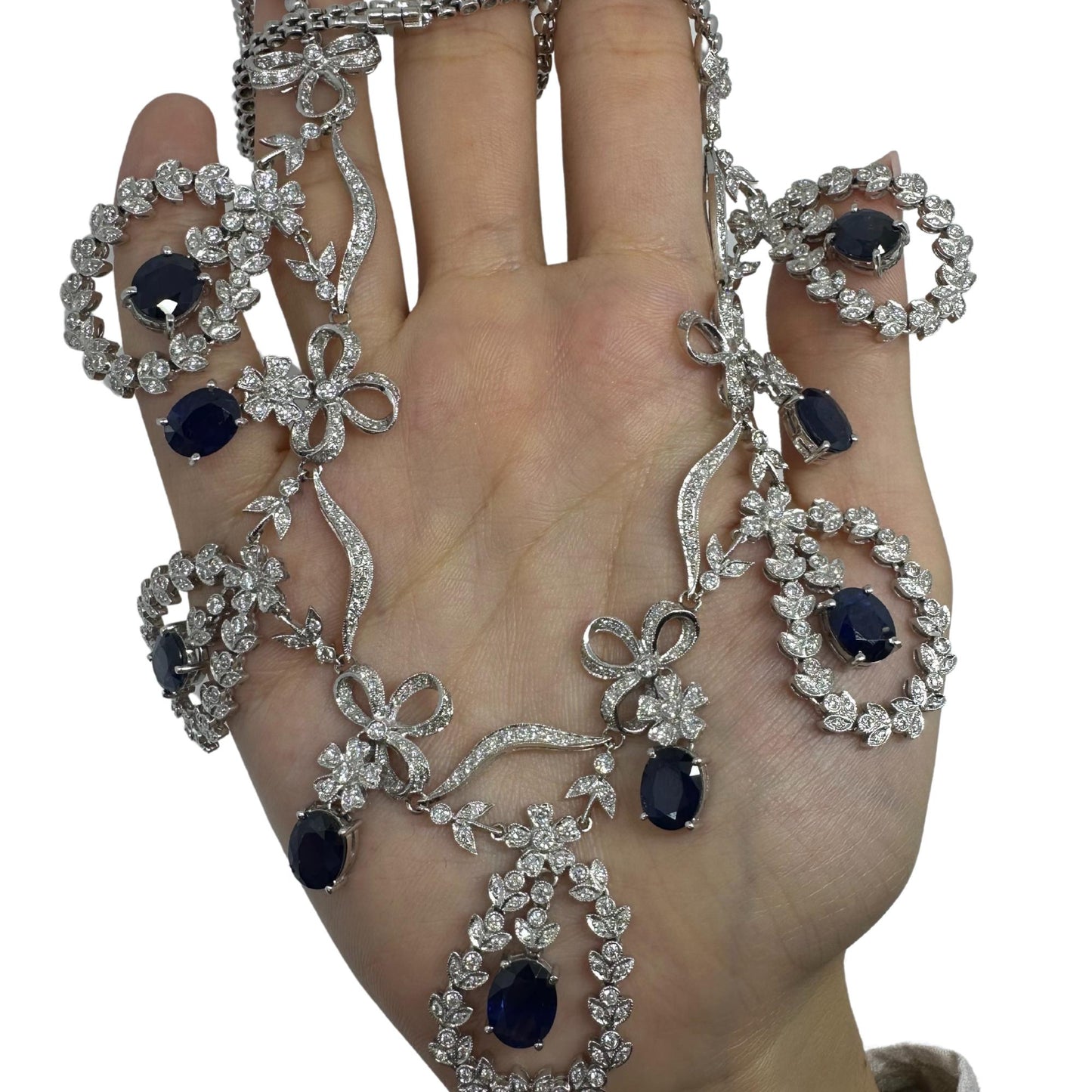 18K White Gold Diamond and Blue Sapphire Necklace
