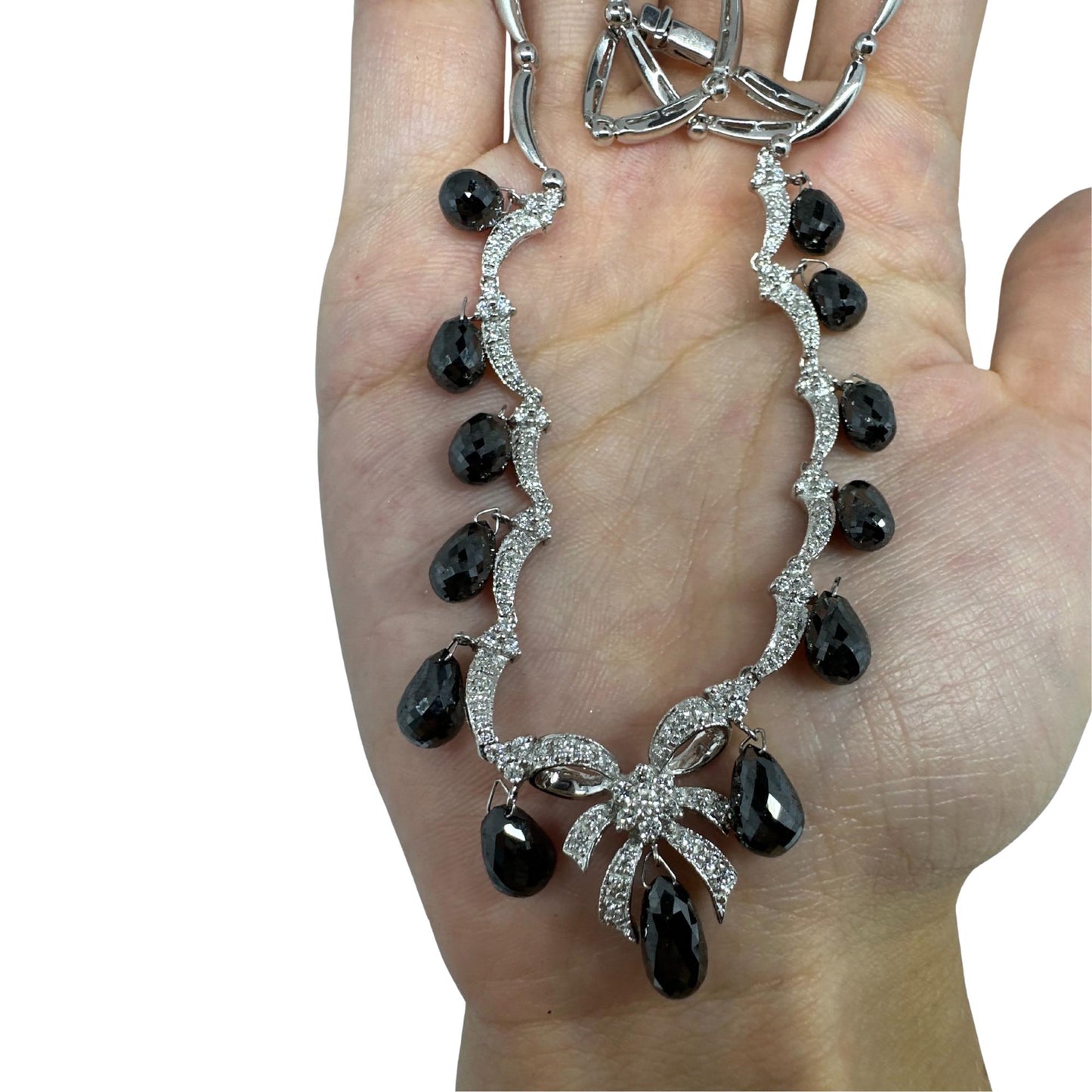 18K White Gold White Diamond and Briolette Black Diamond Bow Necklace