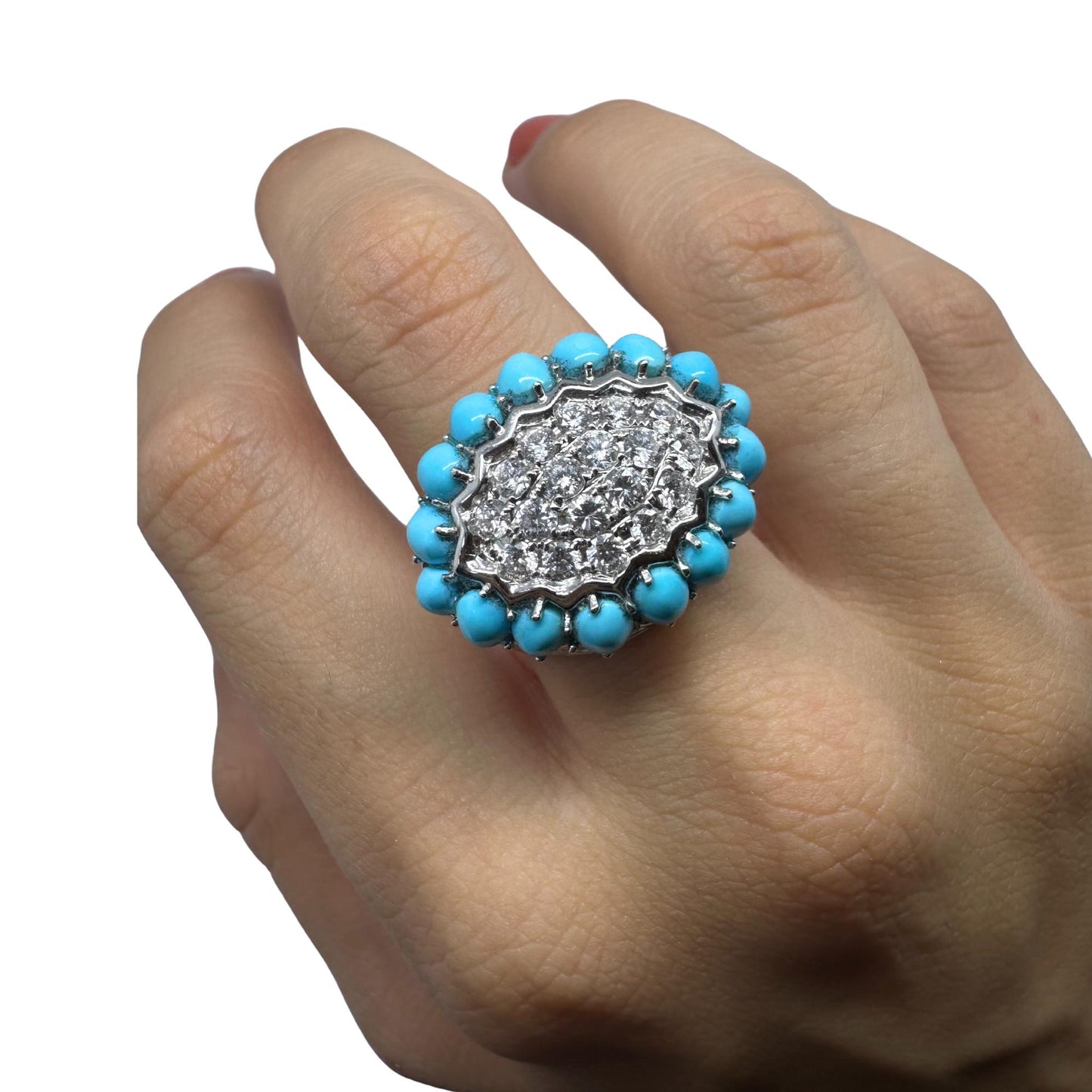 18K White Gold Diamond and Turquoise Cluster Ring
