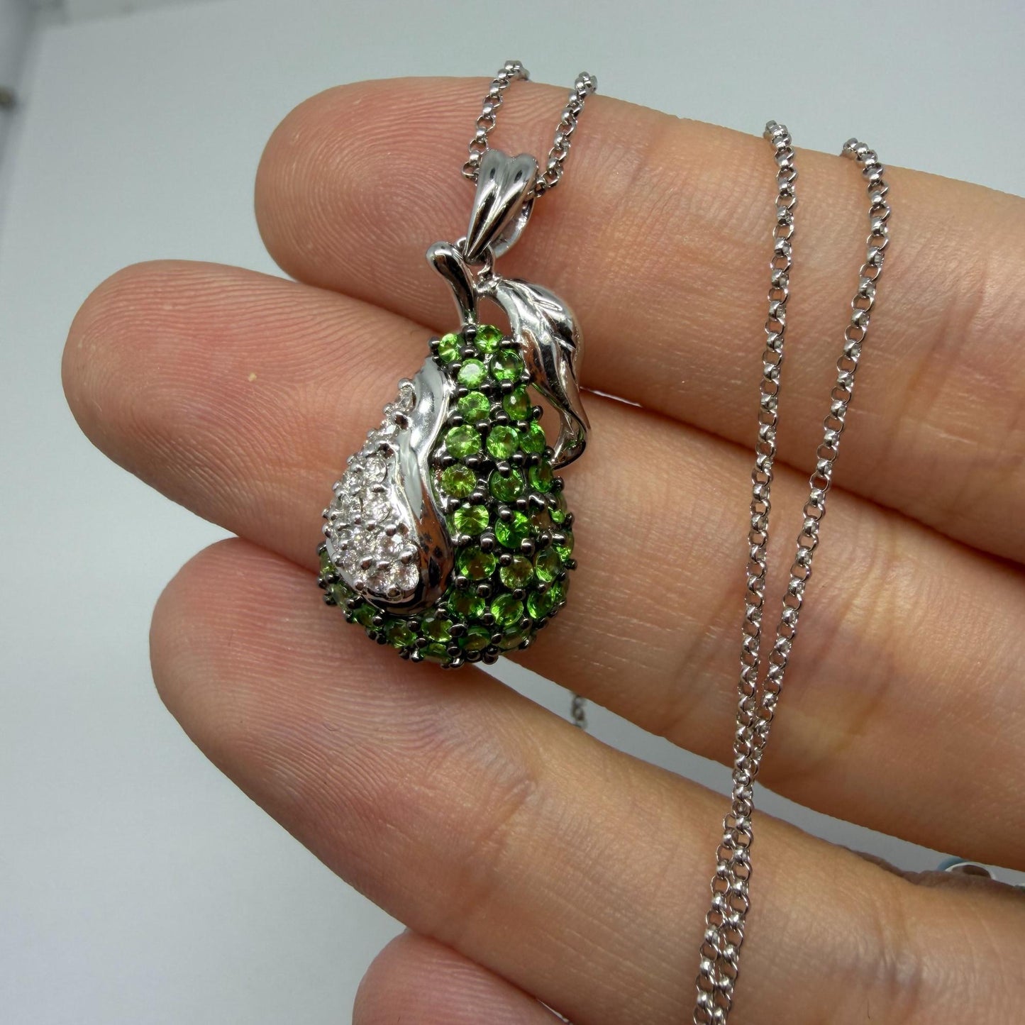 18K White Gold Diamond and Green Garnet Apple Pendant Necklace