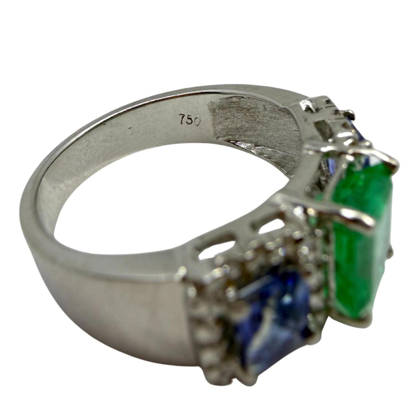 18K White Gold Emerald, Sapphire and Diamond Wide Band Ring
