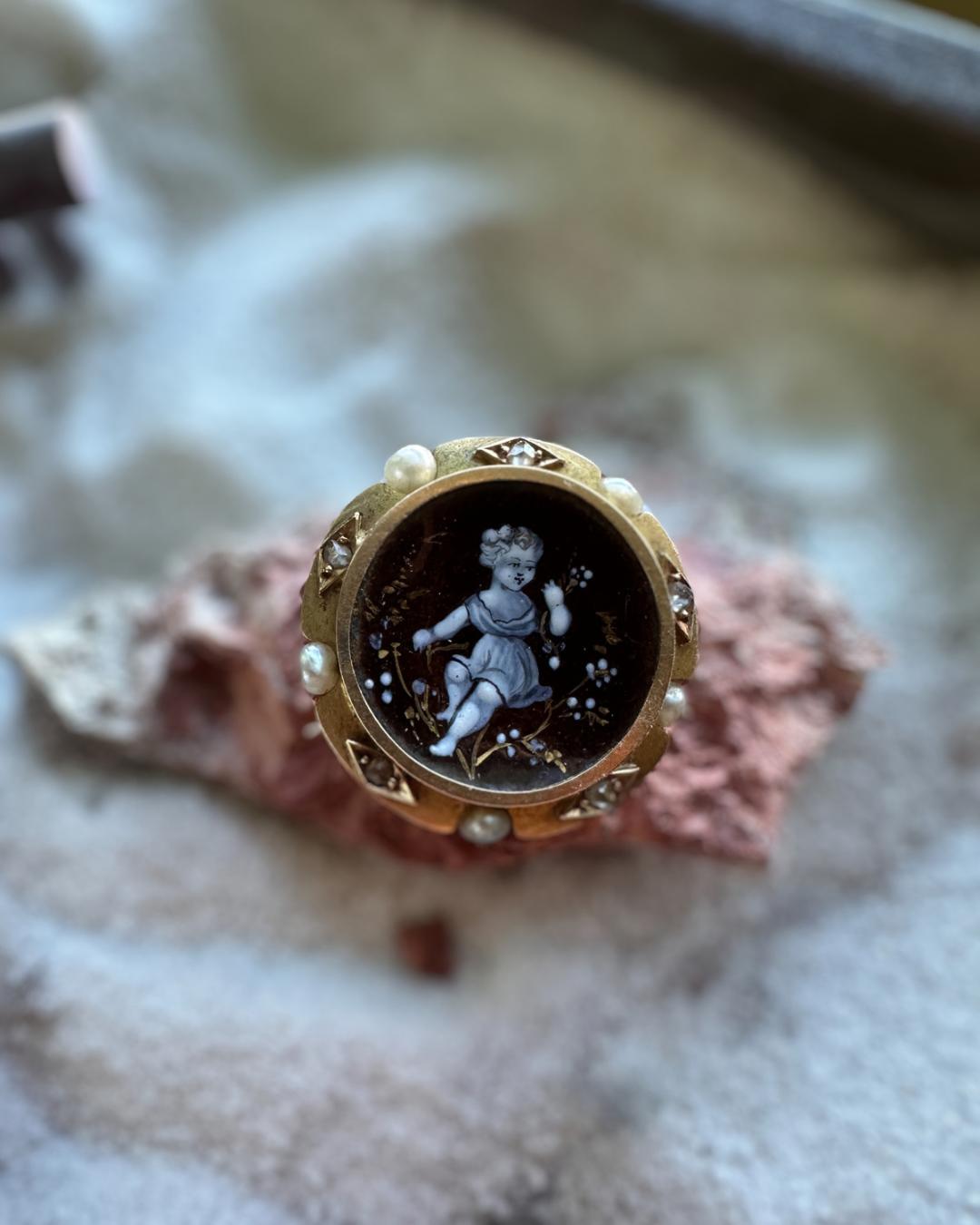Victorian 14k Diamond, Hand Painted Porcelain, and Pearl Pin