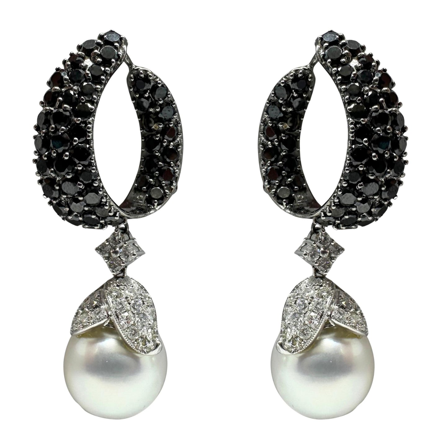 18K White Gold Black and White Diamond and Pearl Drop Earrings