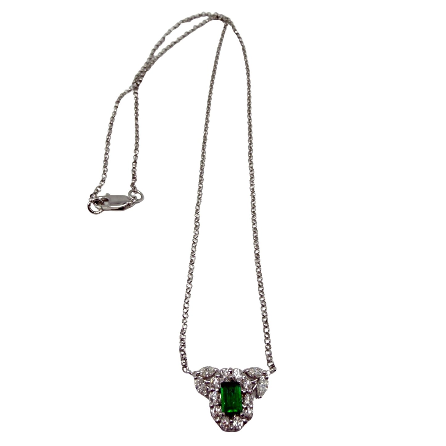 18K White Gold Diamond and Emerald Cluster Pendant Necklace