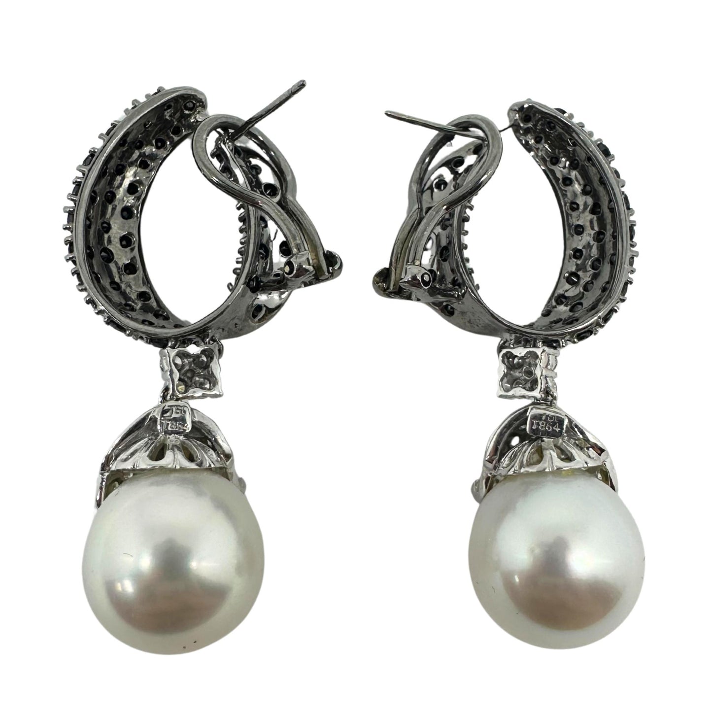 18K White Gold Black and White Diamond and Pearl Drop Earrings