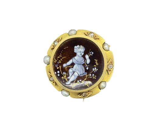 Victorian 14k Diamond, Hand Painted Porcelain, and Pearl Pin