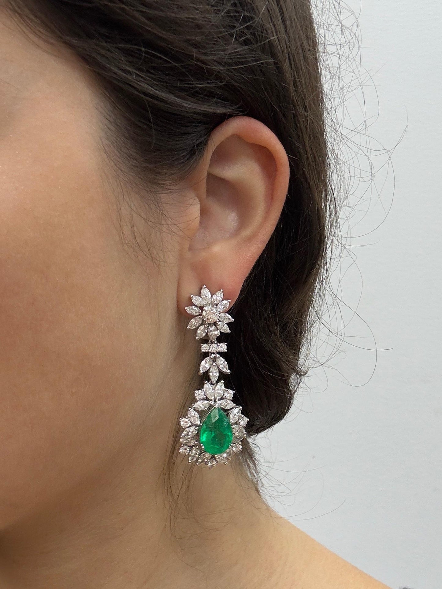 18K White Gold Marquise Cut Diamond and Pear Cut Emerald Drop Earrings