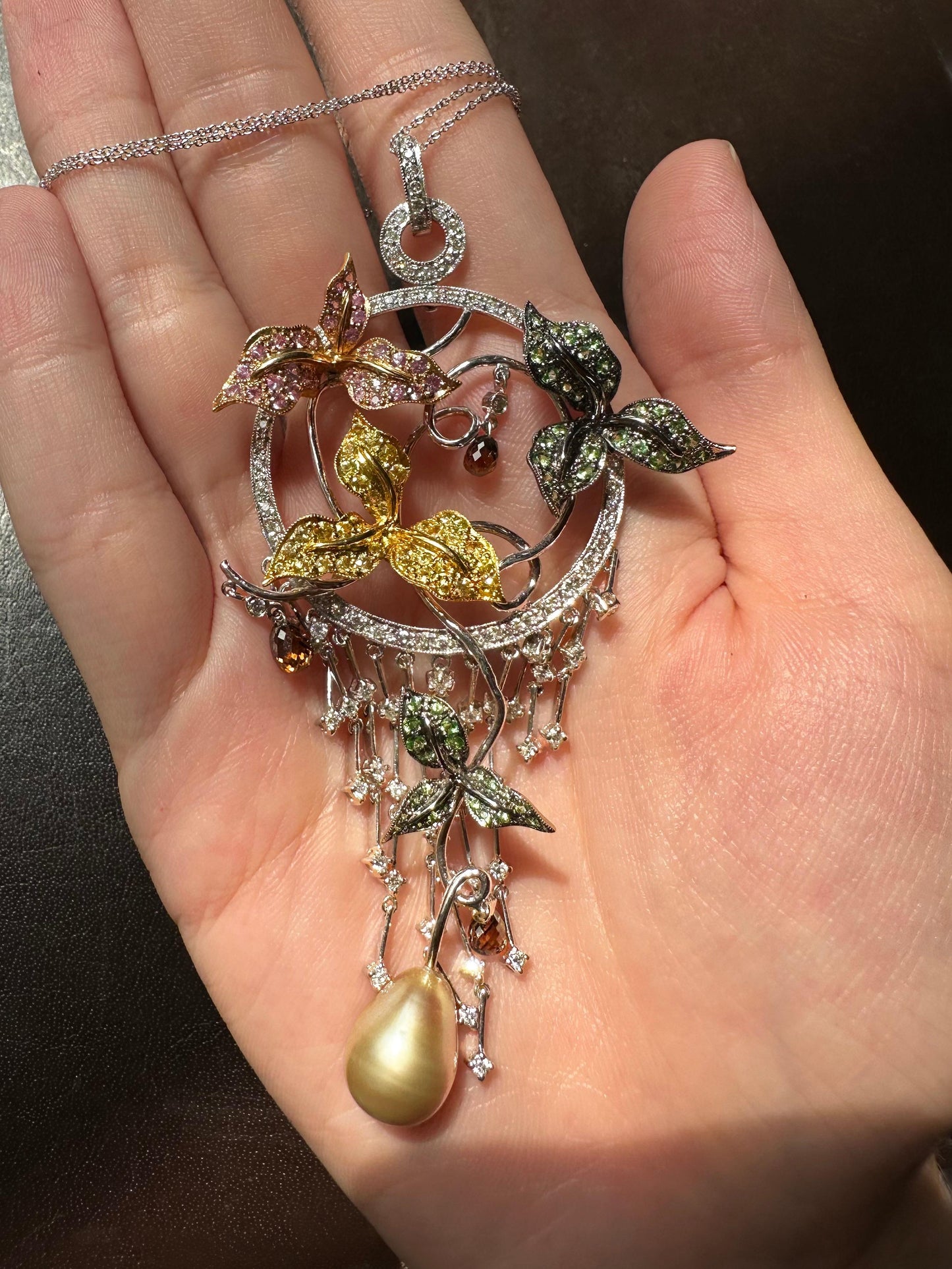 18K Tricolor Gold White and Brown Diamond, and Multi-Sapphire Pendant Necklace