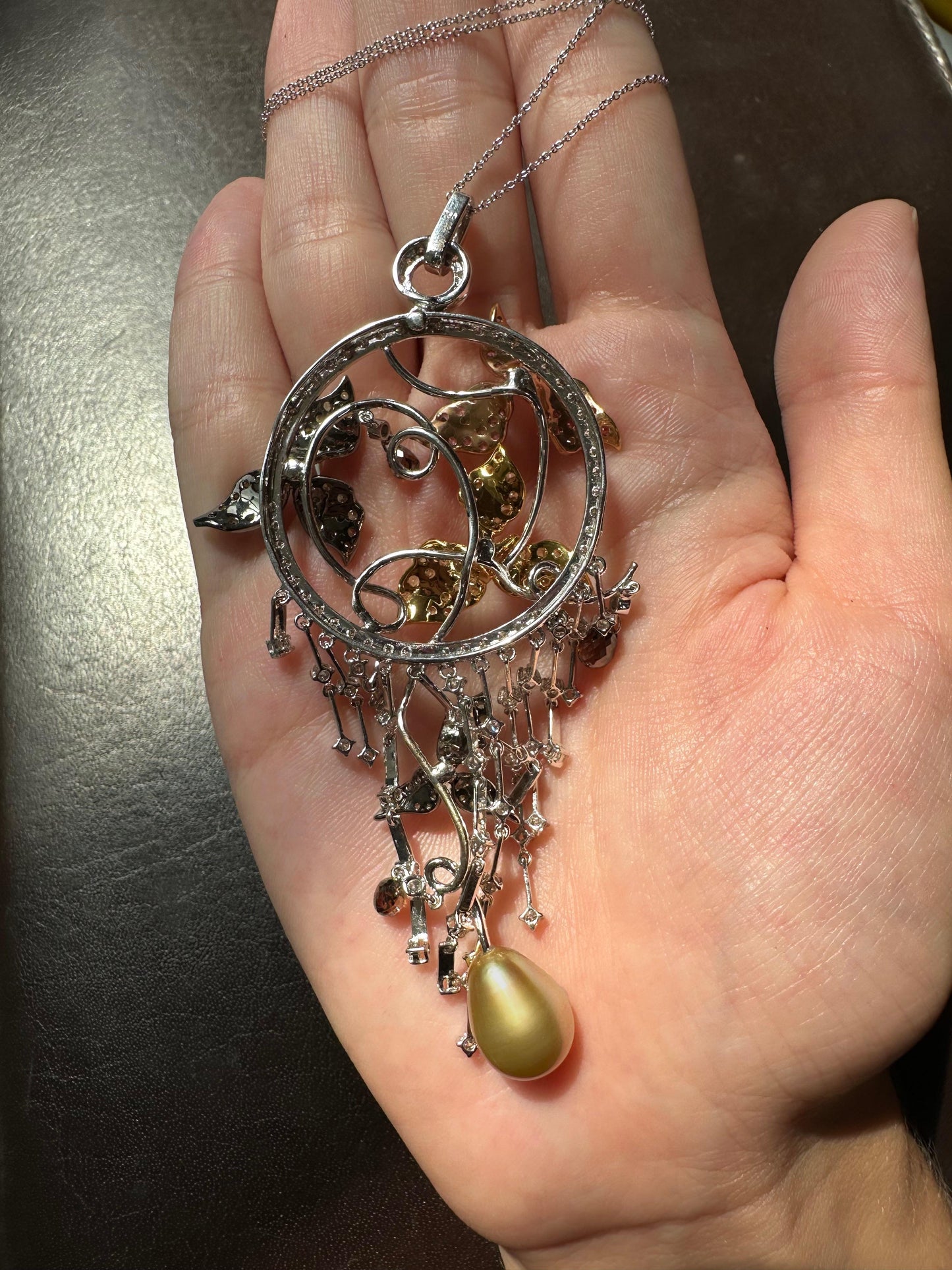 18K Tricolor Gold White and Brown Diamond, and Multi-Sapphire Pendant Necklace