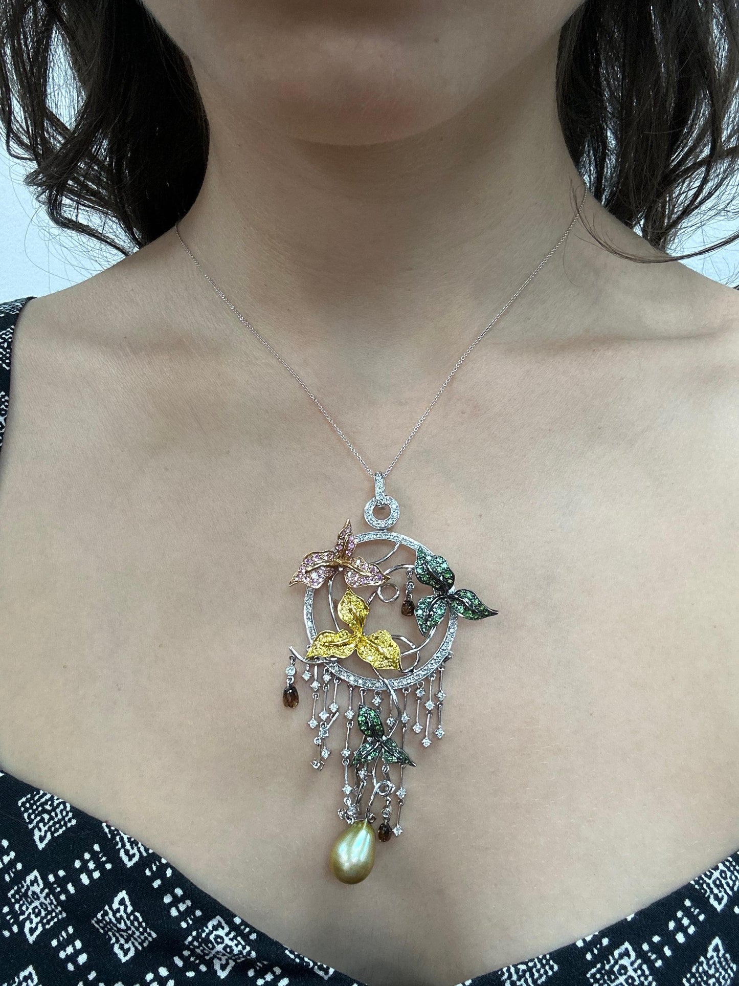 18K Tricolor Gold White and Brown Diamond, and Multi-Sapphire Pendant Necklace