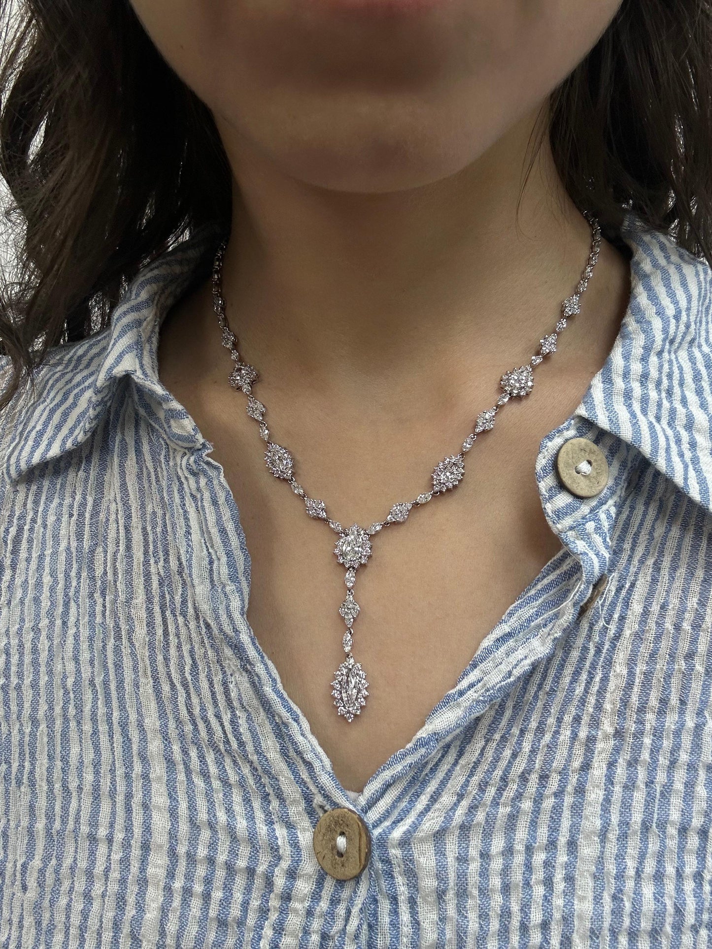 18K White Gold Marquise and Pear Cut Diamond Lariat Necklace