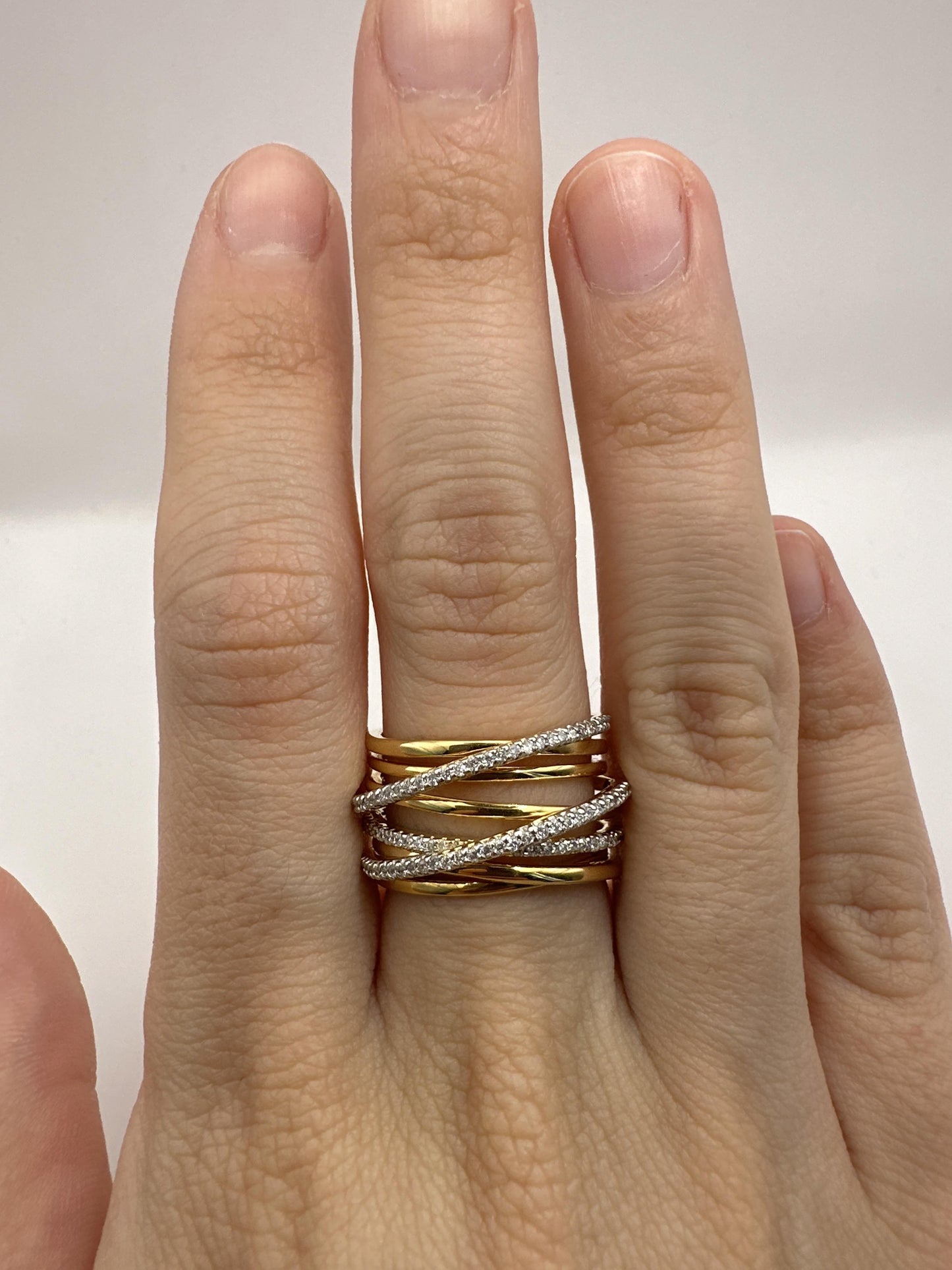 18k Yellow Gold Diamond Crossover Wide Band Ring
