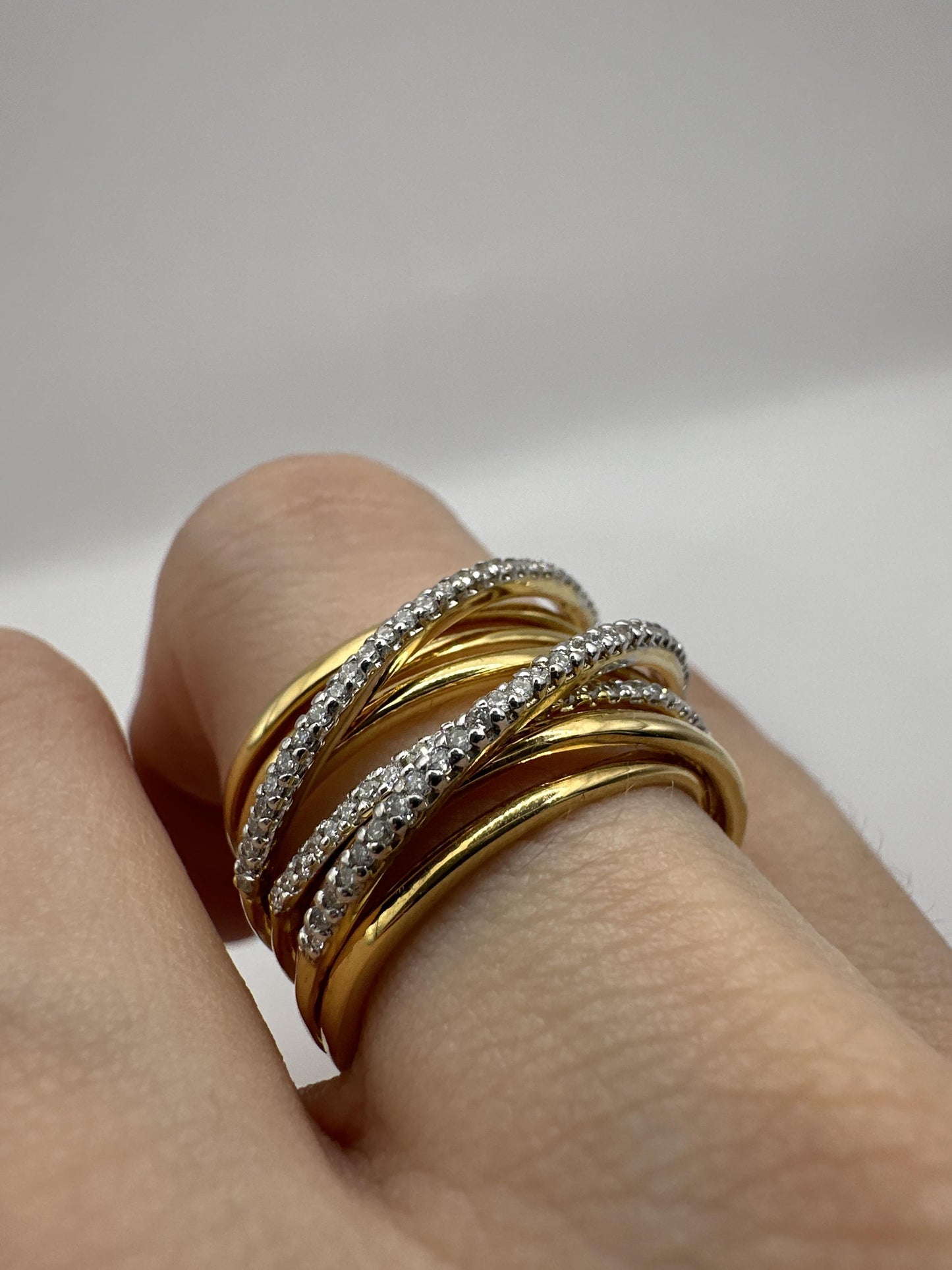 18k Yellow Gold Diamond Crossover Wide Band Ring