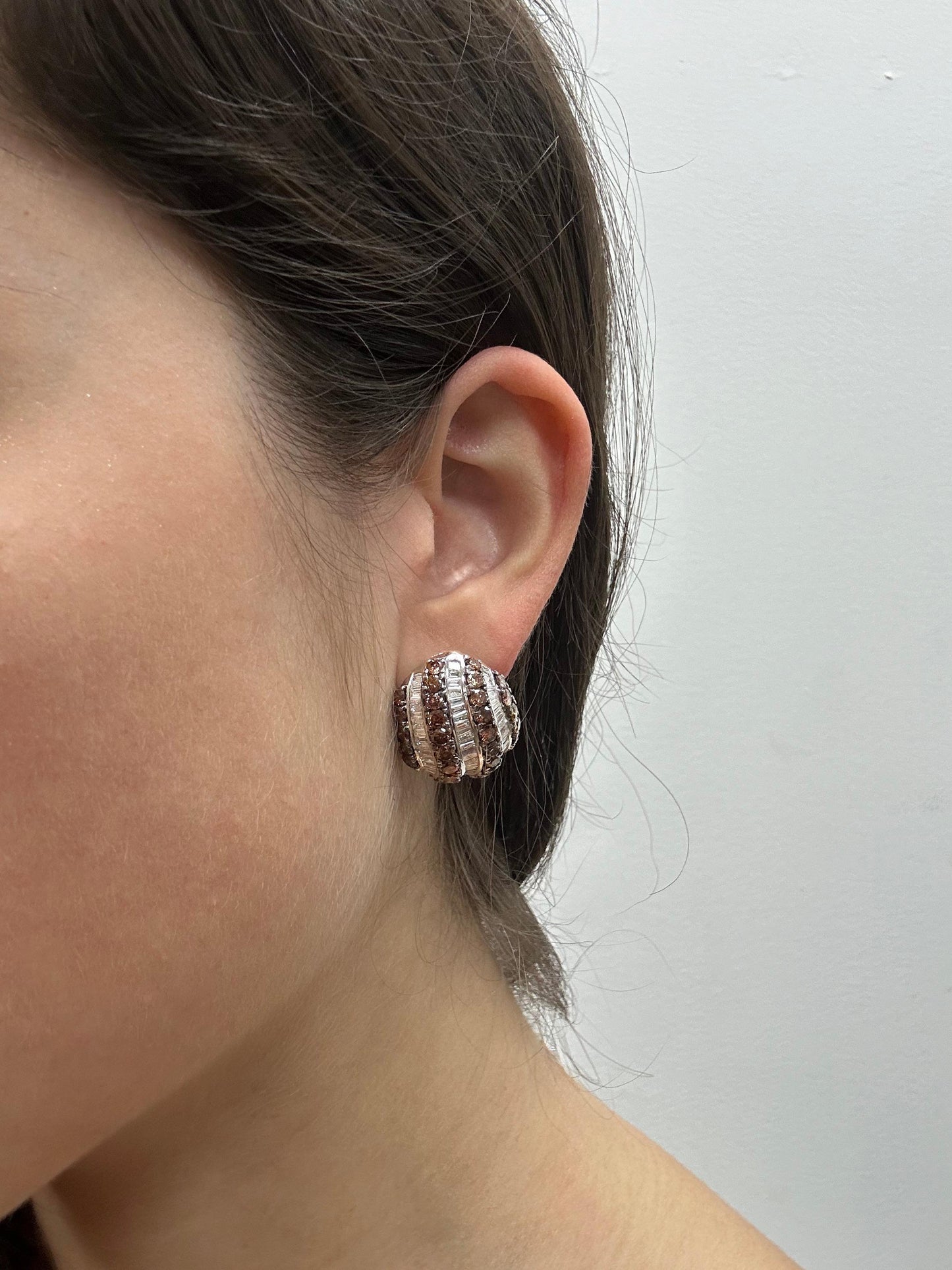 18K White Gold 9.31 Carat Tapered Baguette Cut White and Brown Diamond Earrings