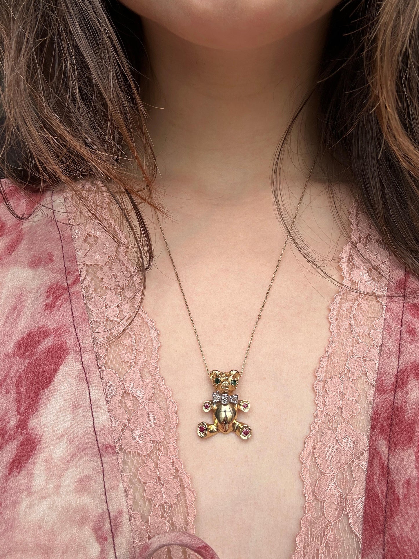14k 1980's Diamond, Emerald and Ruby Teddy Bear Pendant with Chain