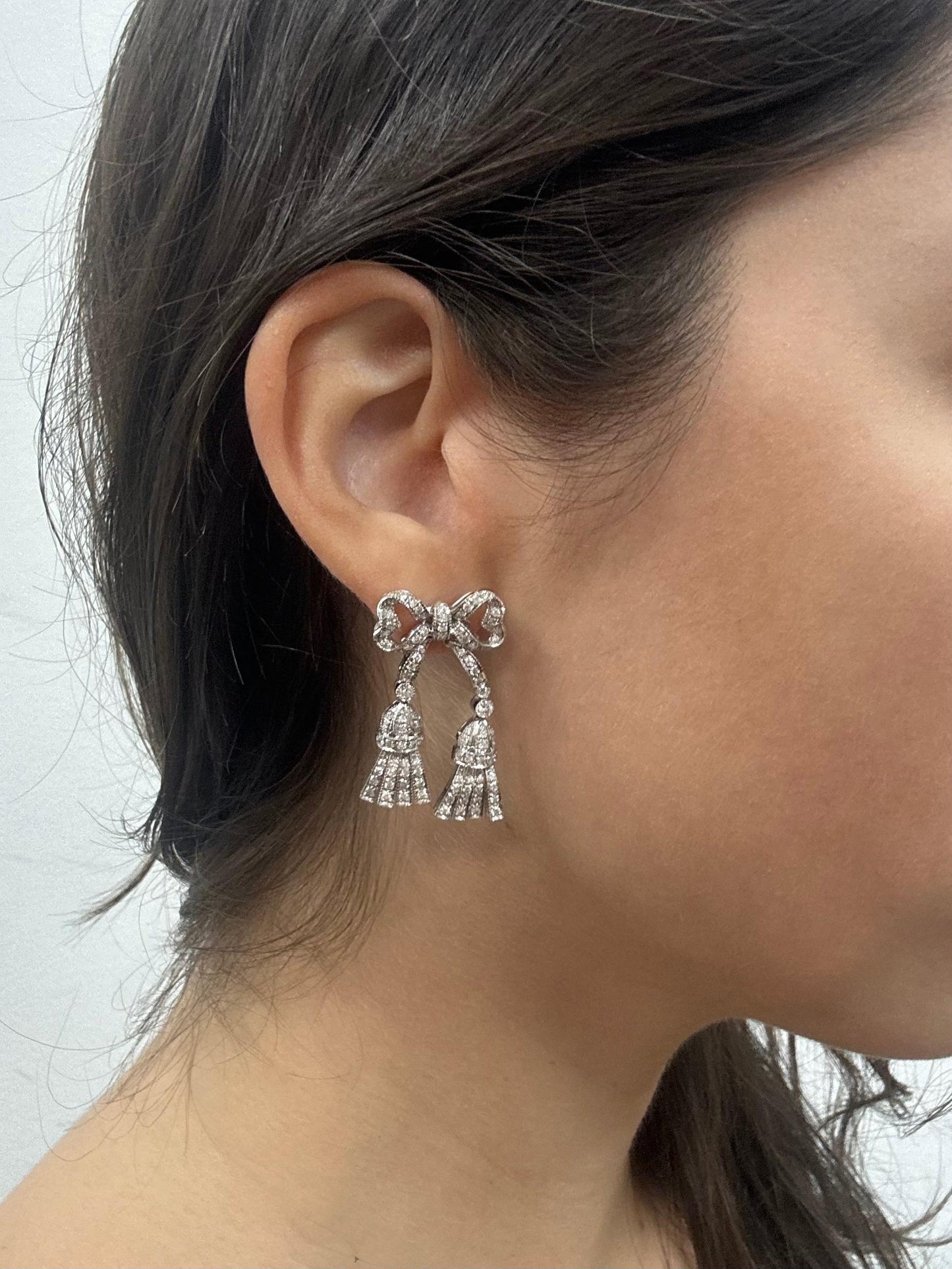 14K White Gold 1.97 Carat Diamond Bow and Tassel Earrings