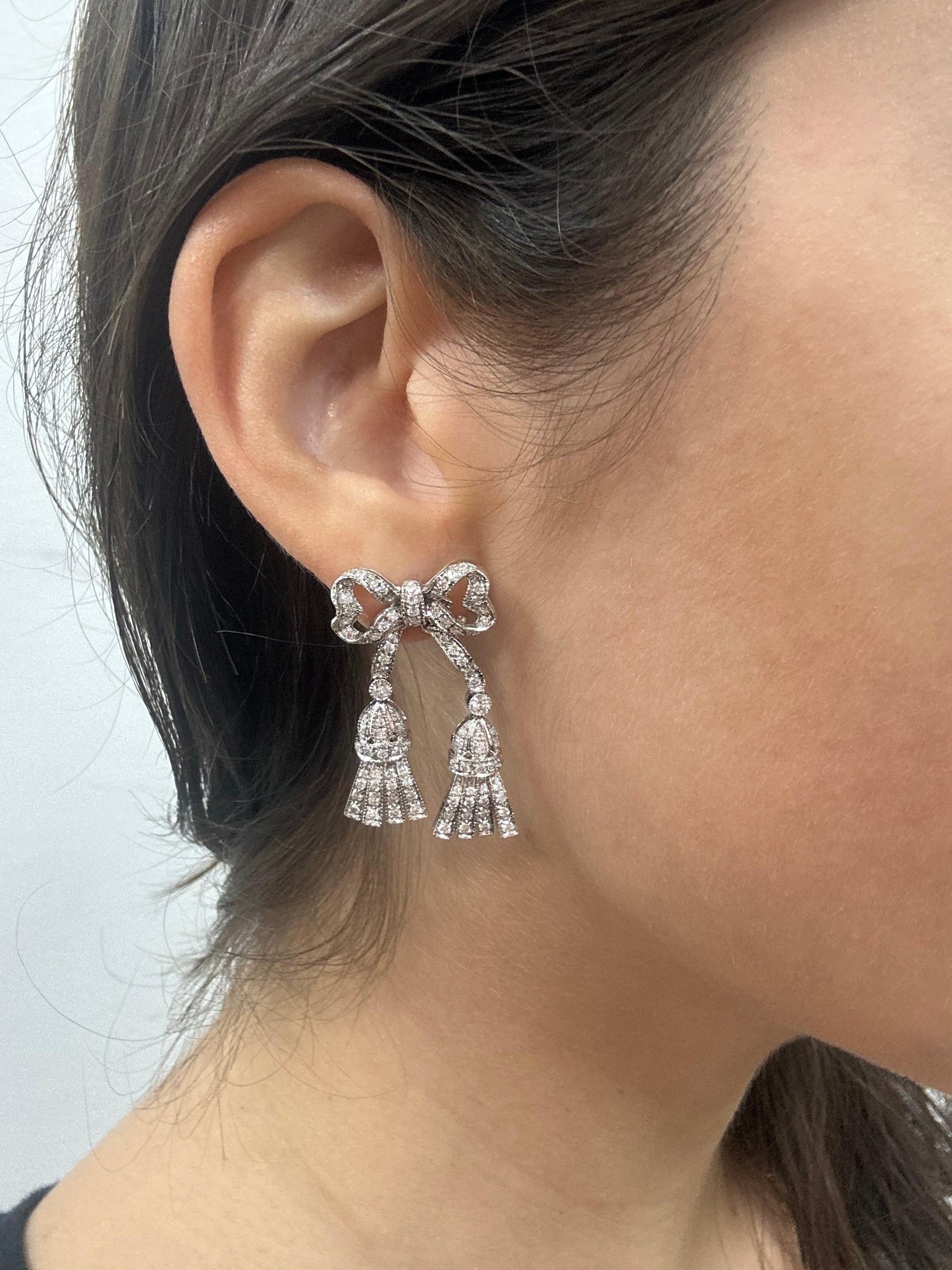 14K White Gold 1.97 Carat Diamond Bow and Tassel Earrings