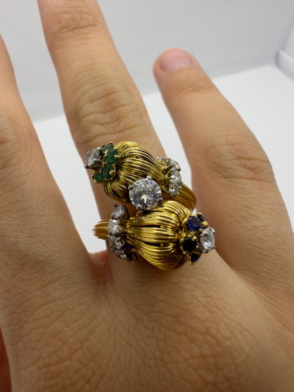 Estate 1960's Diamond, Emerald and Sapphire Moi et Toi Ring