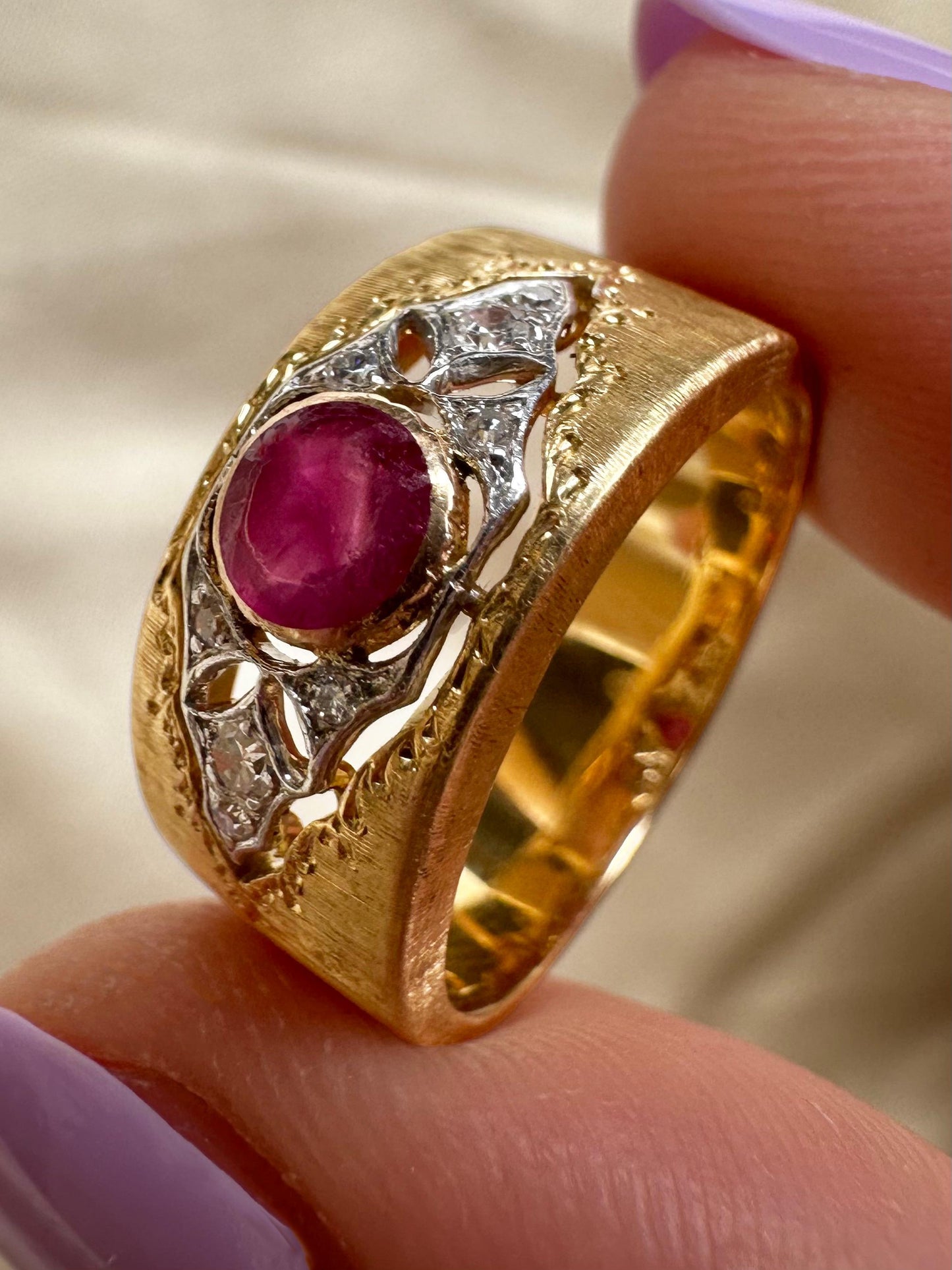 Buccellati Estate 18K Burma No Heat Ruby and Diamond Wide Band Ring with GIA